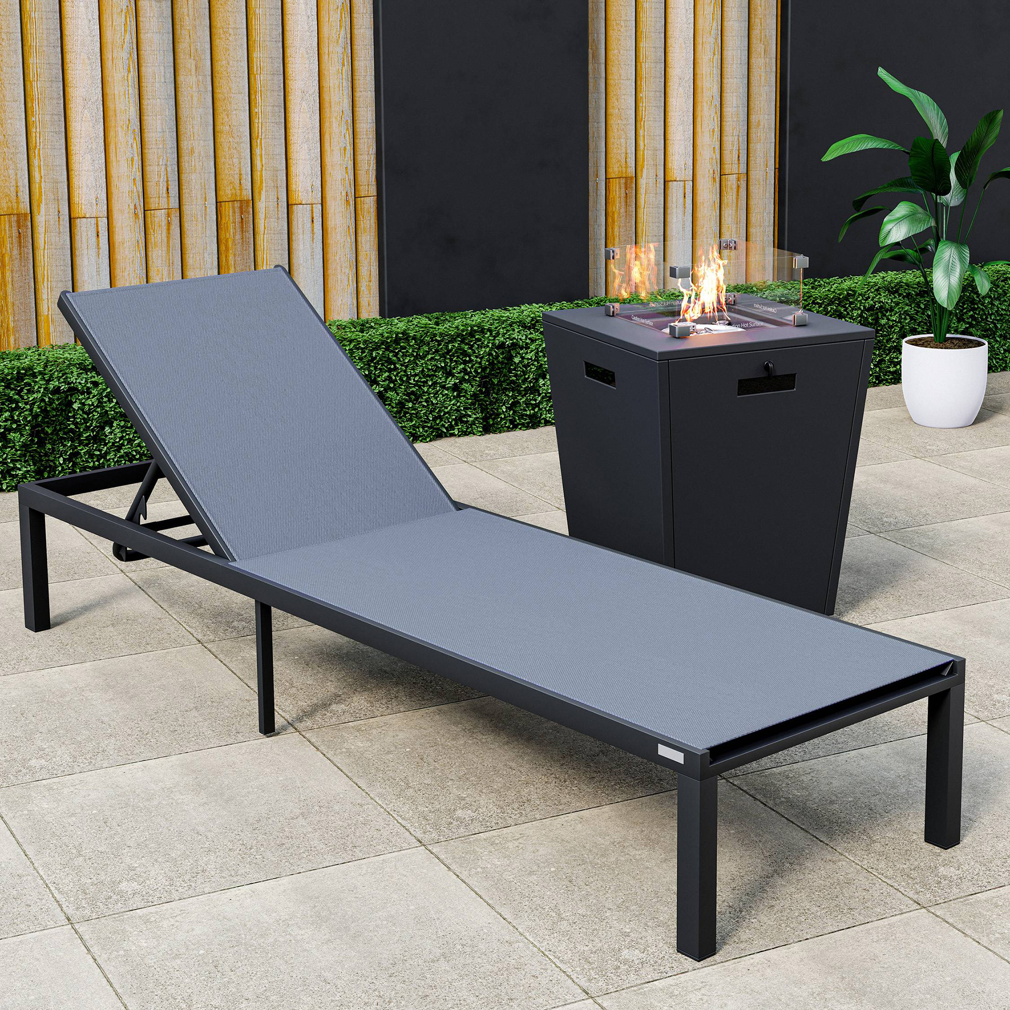 LeisureMod Marlin Modern Black Aluminum Outdoor Patio Chaise Lounge Chair with Square Fire Pit Side Table - Dark Gray