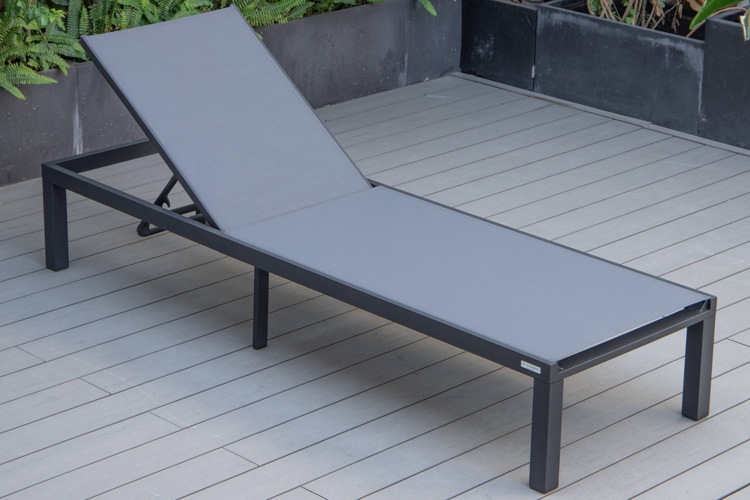 LeisureMod Marlin Modern Black Aluminum Outdoor Patio Chaise Lounge Chair with Square Fire Pit Side Table - Dark Gray