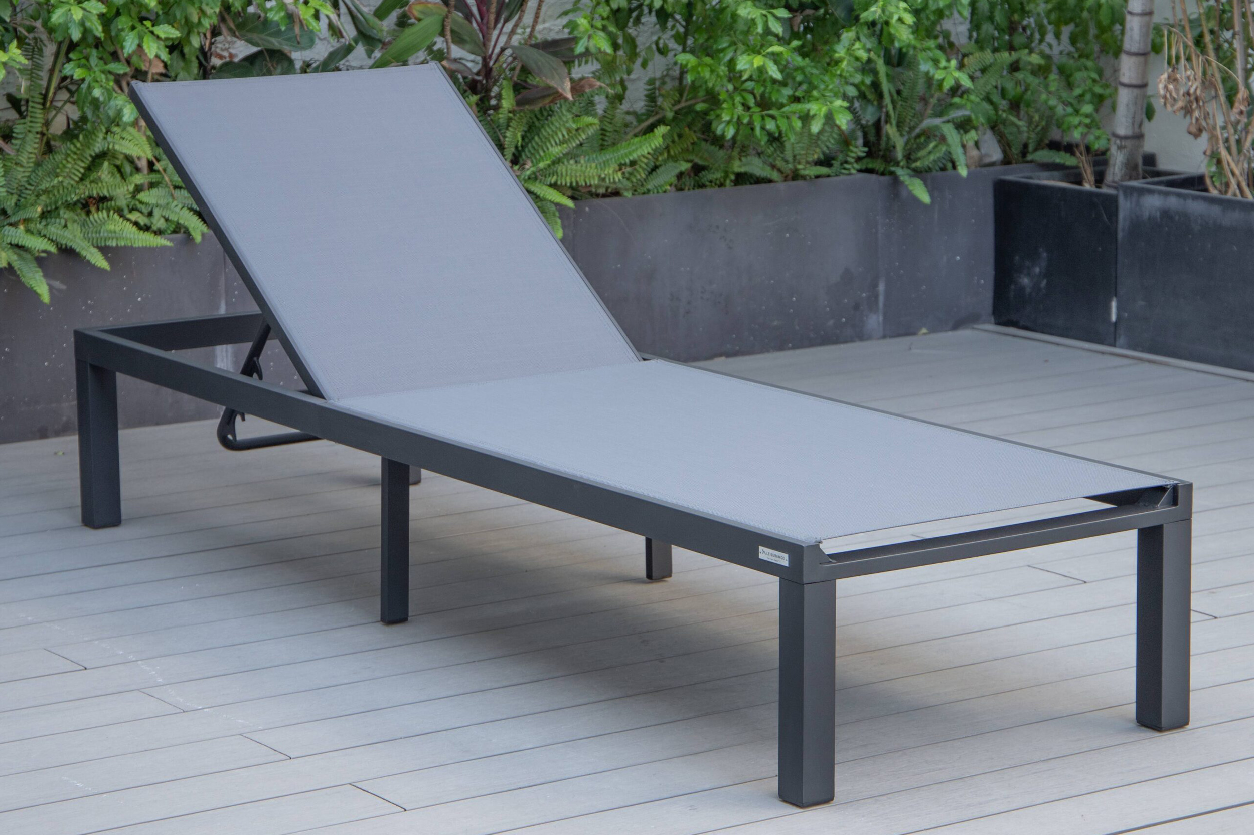 LeisureMod Marlin Modern Black Aluminum Outdoor Patio Chaise Lounge Chair with Square Fire Pit Side Table - Dark Gray