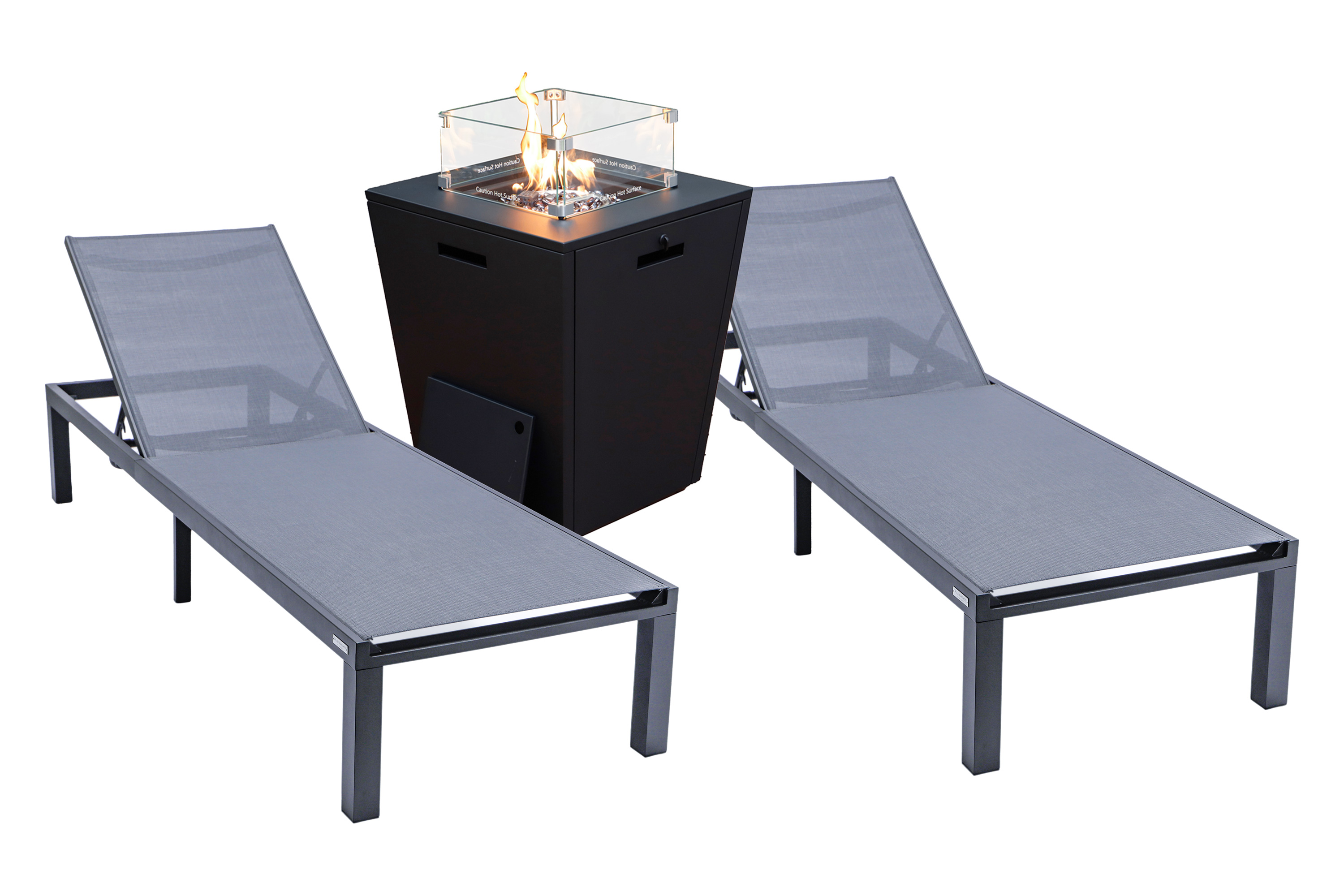 LeisureMod Marlin Modern Black Aluminum Outdoor Chaise Lounge Chair With Square Fire Pit Side Table Set of 2