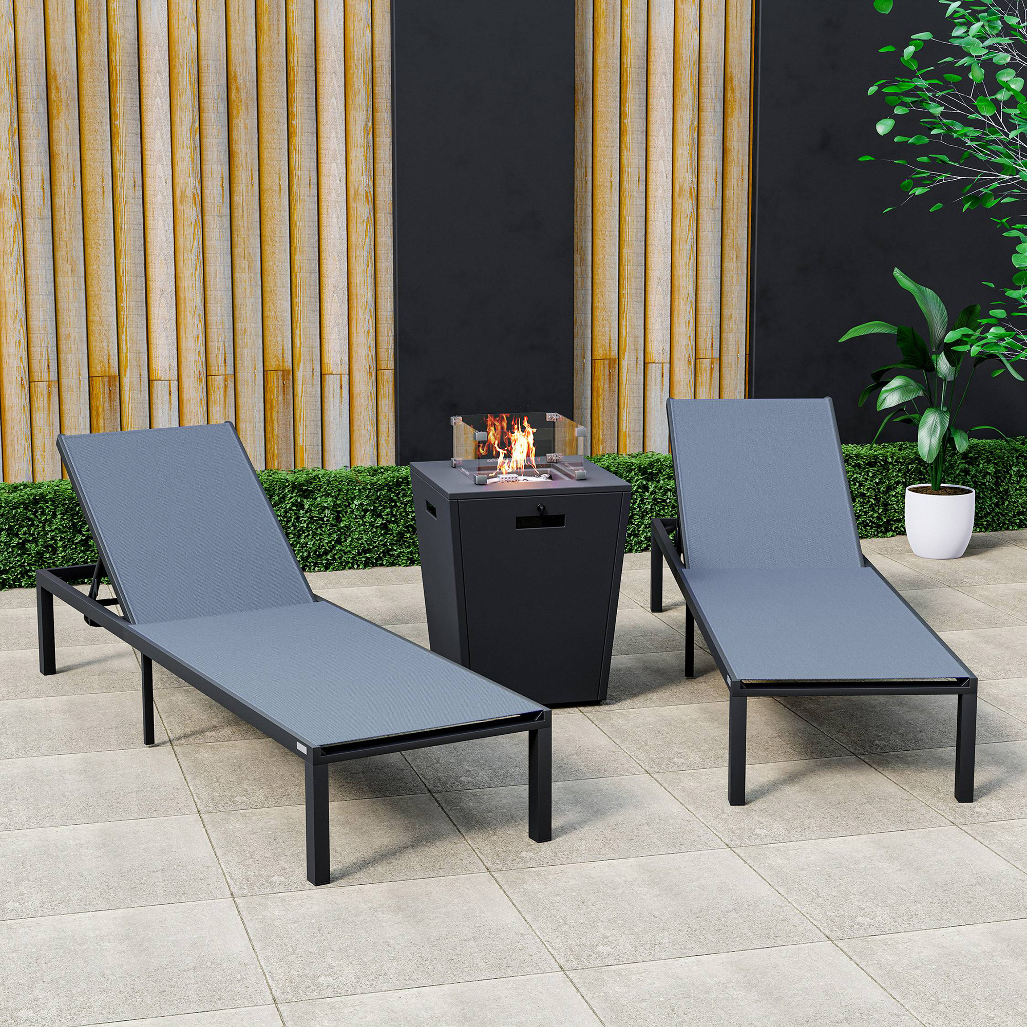 LeisureMod Marlin Modern Black Aluminum Outdoor Chaise Lounge Chair With Square Fire Pit Side Table Set of 2 - Dark Gray