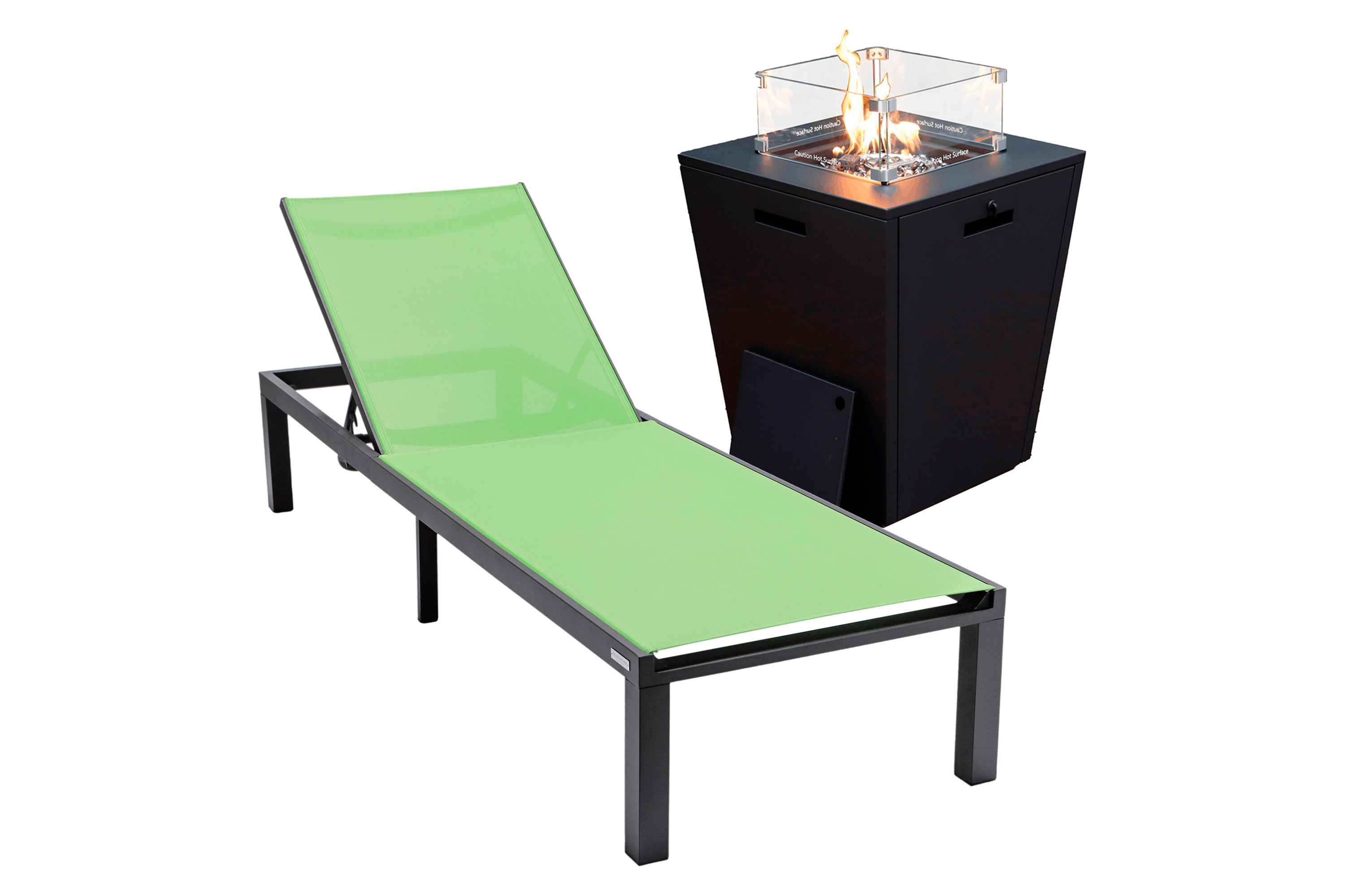 LeisureMod Marlin Modern Black Aluminum Outdoor Patio Chaise Lounge Chair with Square Fire Pit Side Table