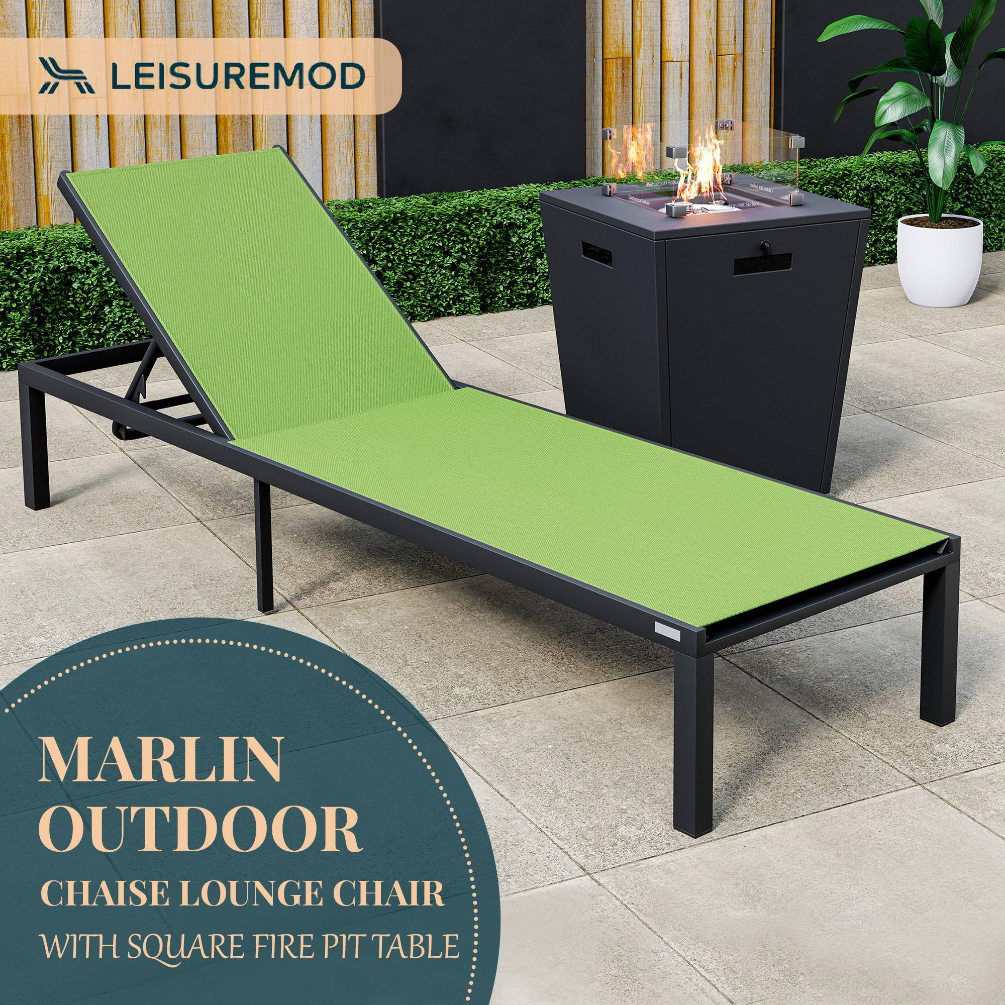 LeisureMod Marlin Modern Black Aluminum Outdoor Patio Chaise Lounge Chair with Square Fire Pit Side Table - Green