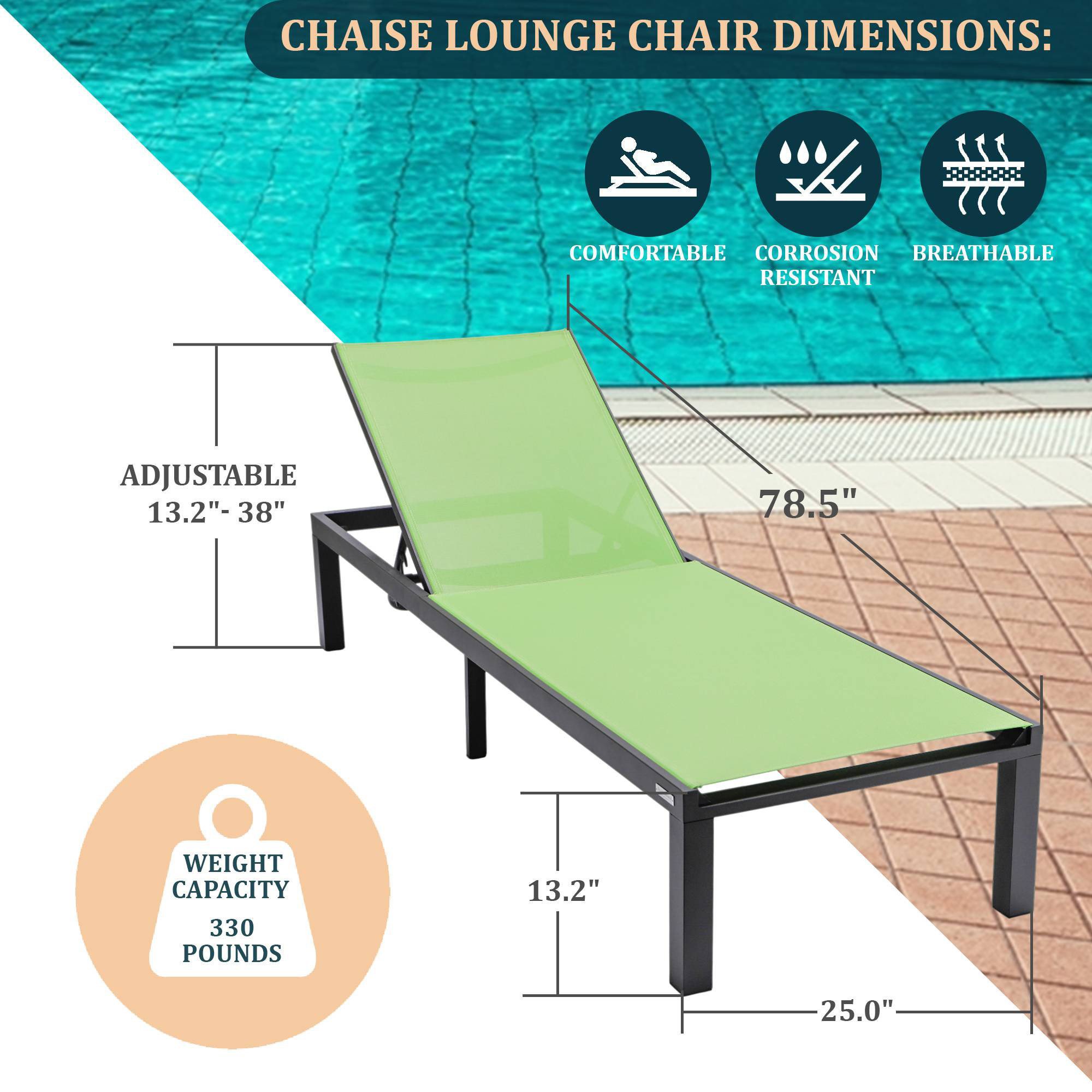 LeisureMod Marlin Modern Black Aluminum Outdoor Patio Chaise Lounge Chair with Square Fire Pit Side Table - Green