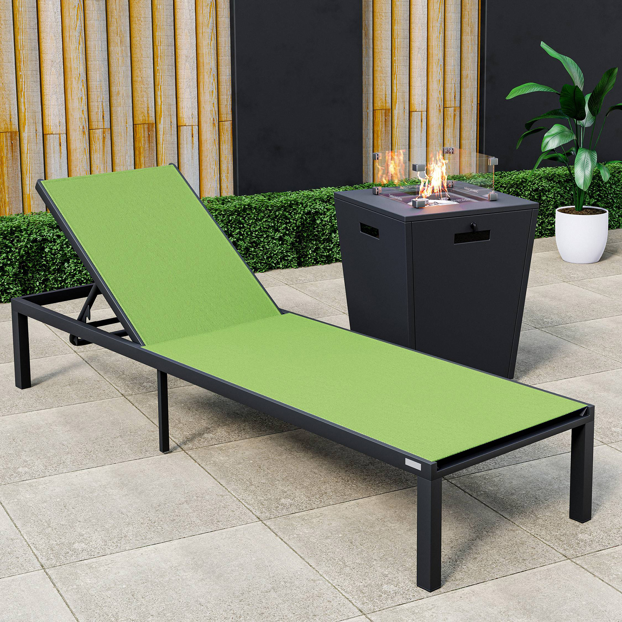 LeisureMod Marlin Modern Black Aluminum Outdoor Patio Chaise Lounge Chair with Square Fire Pit Side Table - Green