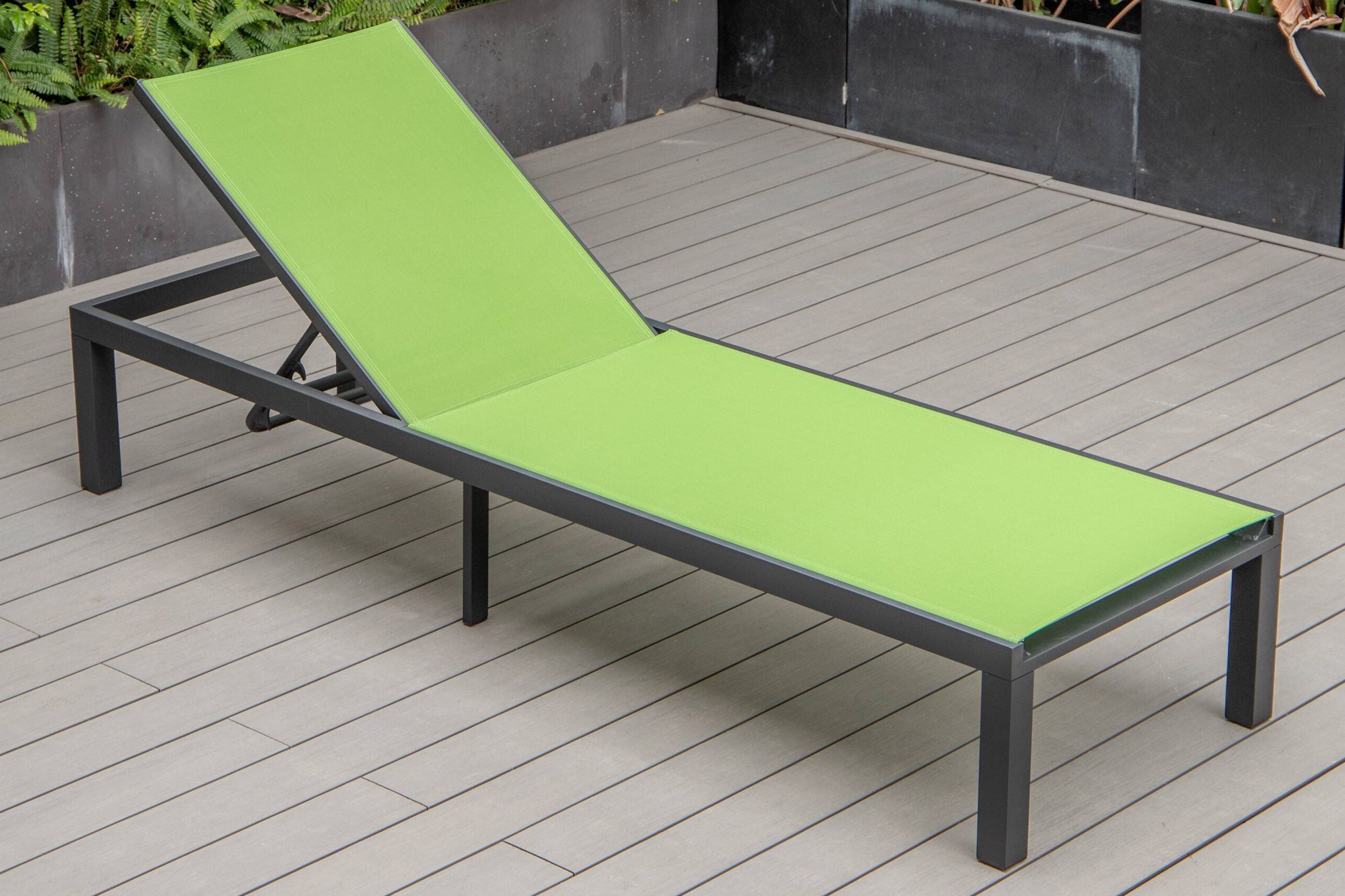 LeisureMod Marlin Modern Black Aluminum Outdoor Patio Chaise Lounge Chair with Square Fire Pit Side Table - Green