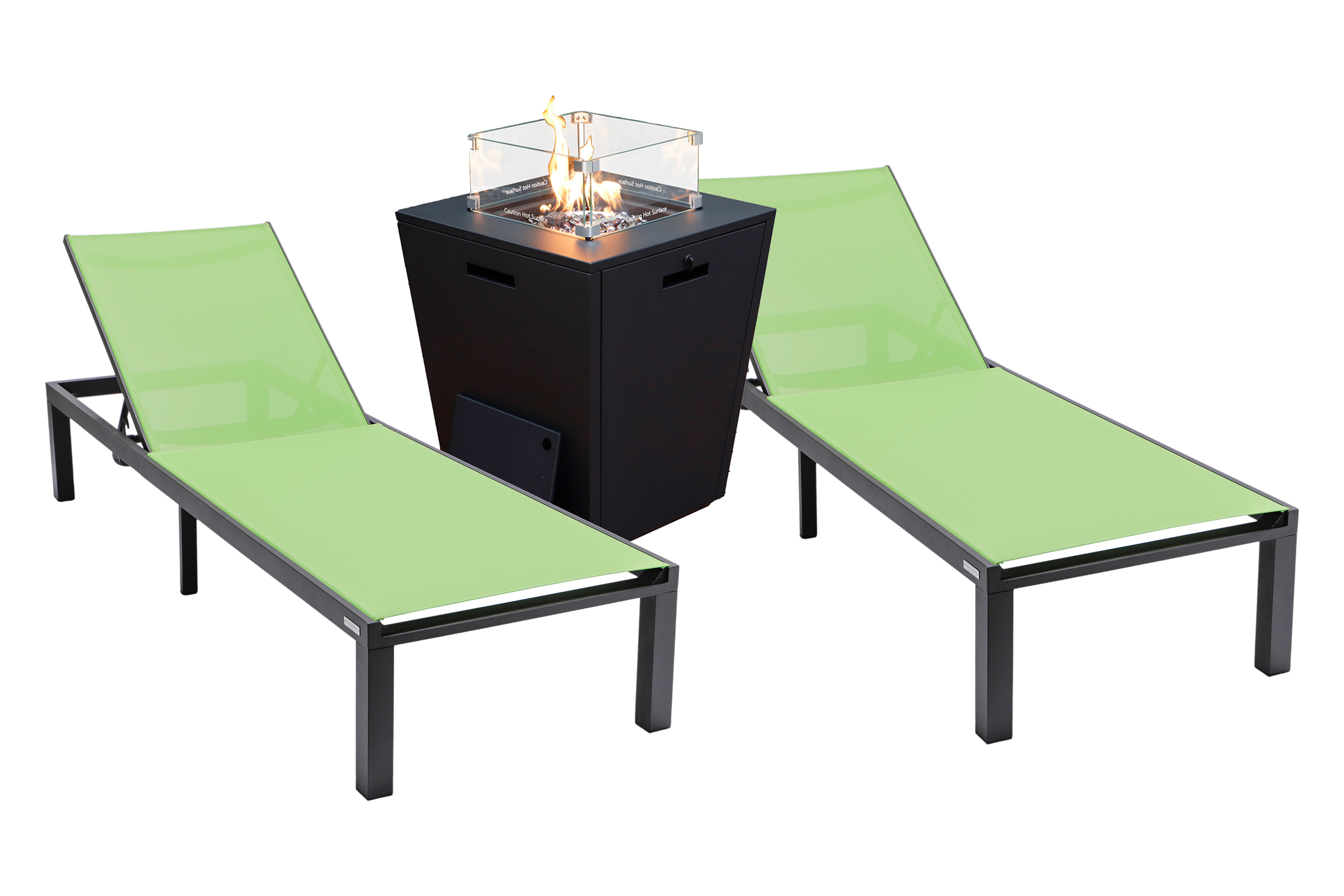 LeisureMod Marlin Modern Black Aluminum Outdoor Chaise Lounge Chair With Square Fire Pit Side Table Set of 2