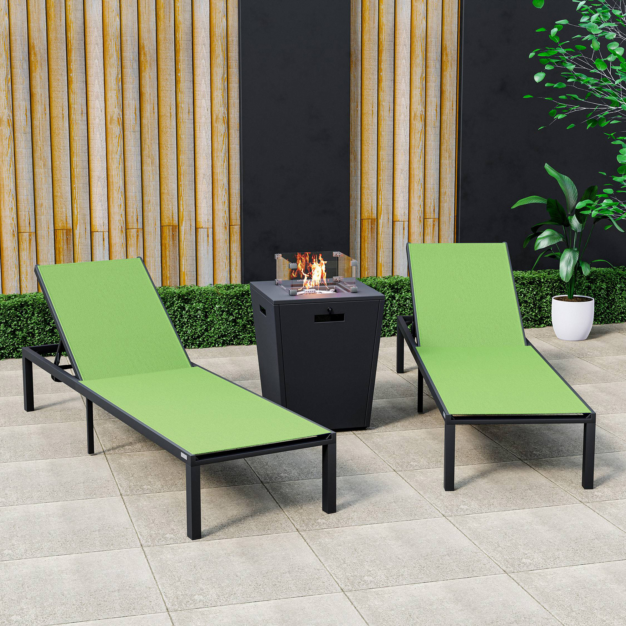 LeisureMod Marlin Modern Black Aluminum Outdoor Chaise Lounge Chair With Square Fire Pit Side Table Set of 2 - Green