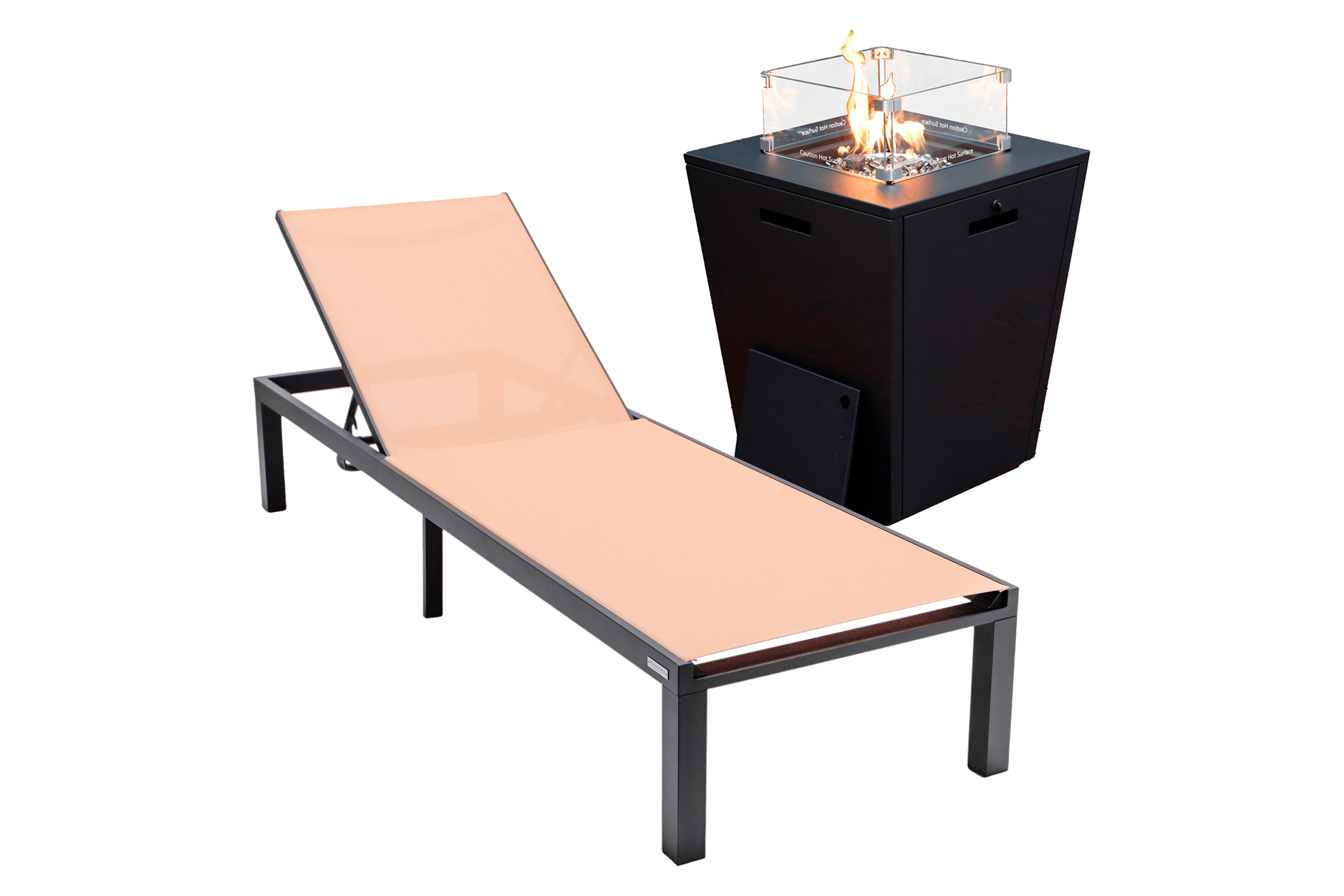 LeisureMod Marlin Modern Black Aluminum Outdoor Patio Chaise Lounge Chair with Square Fire Pit Side Table