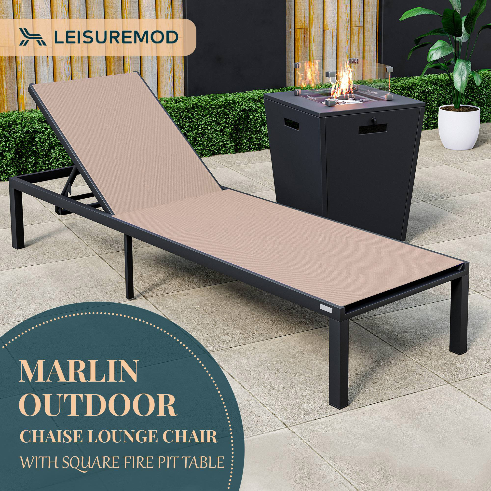 LeisureMod Marlin Modern Black Aluminum Outdoor Patio Chaise Lounge Chair with Square Fire Pit Side Table - Light Brown