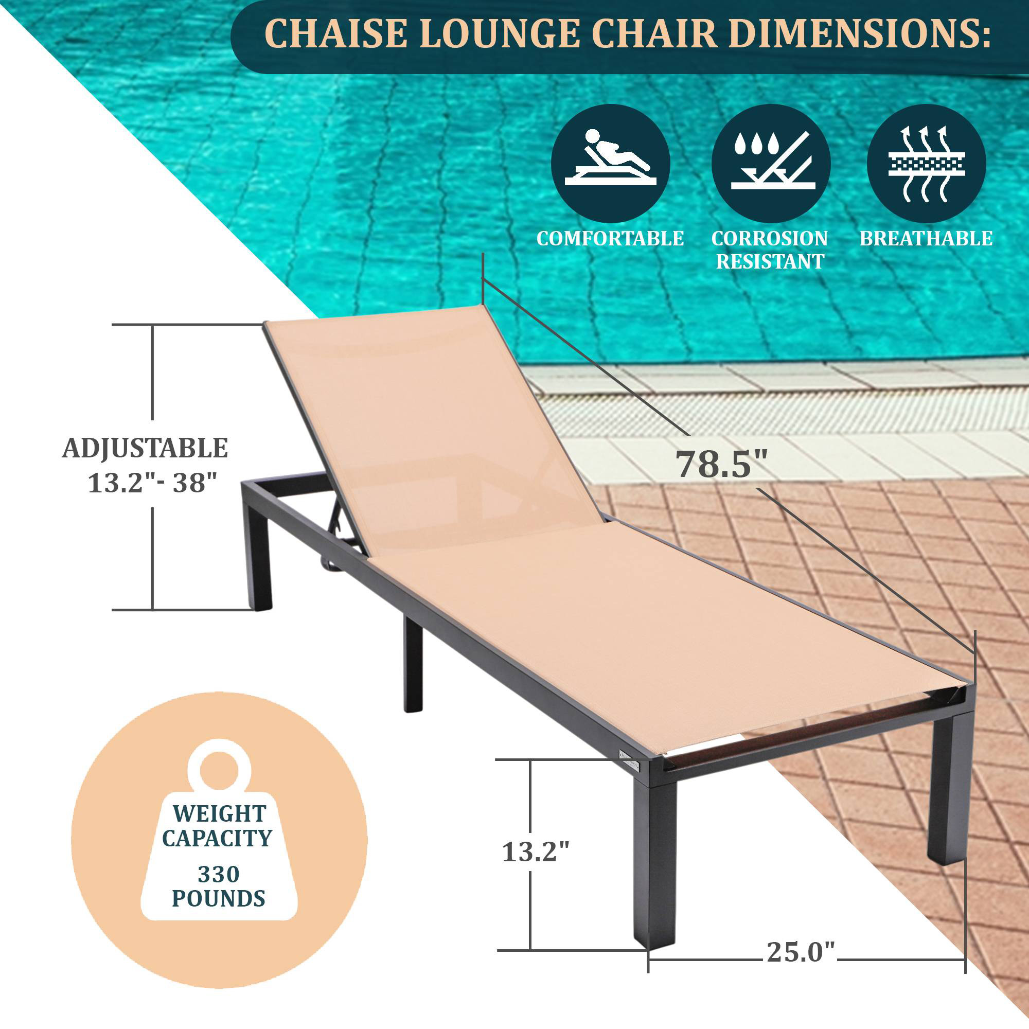 LeisureMod Marlin Modern Black Aluminum Outdoor Patio Chaise Lounge Chair with Square Fire Pit Side Table - Light Brown