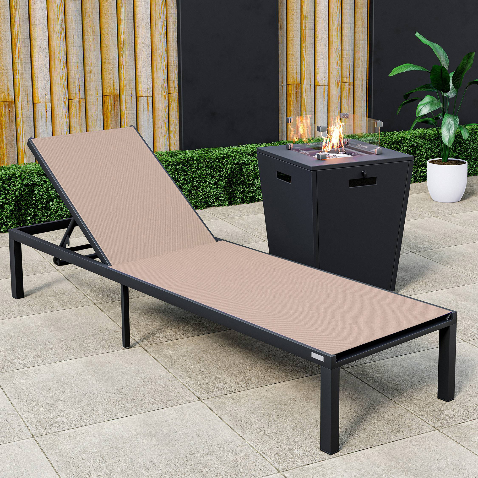 LeisureMod Marlin Modern Black Aluminum Outdoor Patio Chaise Lounge Chair with Square Fire Pit Side Table - Light Brown