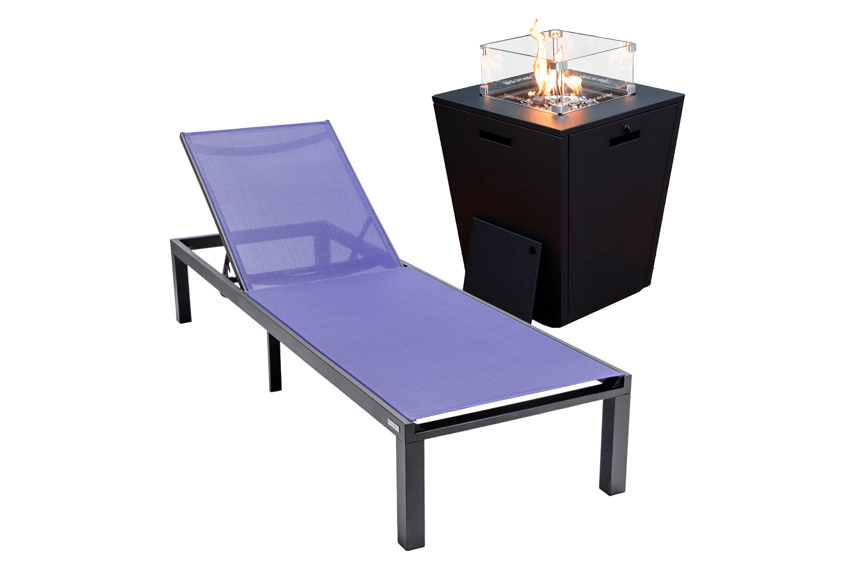 LeisureMod Marlin Modern Black Aluminum Outdoor Patio Chaise Lounge Chair with Square Fire Pit Side Table