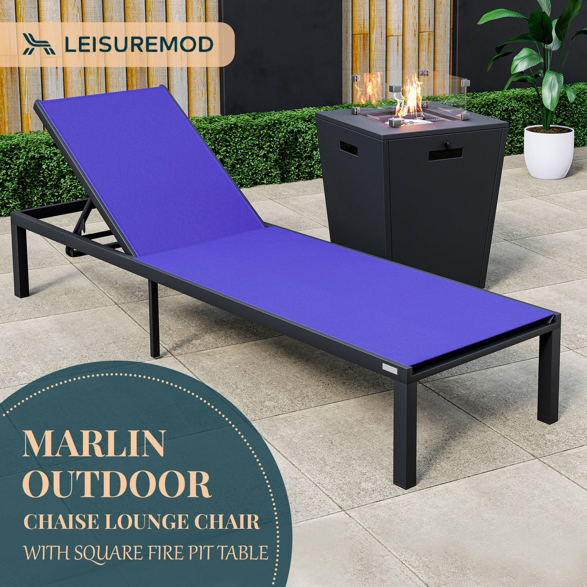 LeisureMod Marlin Modern Black Aluminum Outdoor Patio Chaise Lounge Chair with Square Fire Pit Side Table - Navy Blue