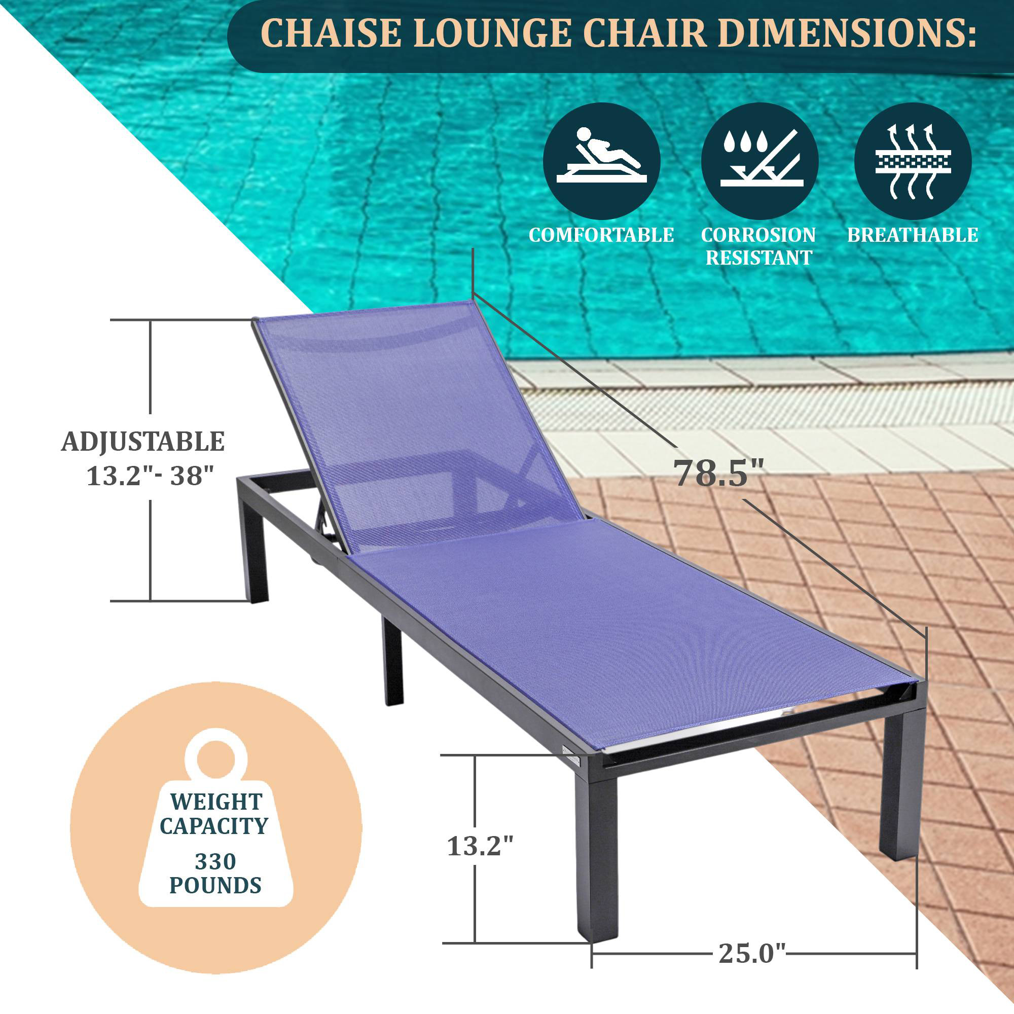 LeisureMod Marlin Modern Black Aluminum Outdoor Patio Chaise Lounge Chair with Square Fire Pit Side Table - Navy Blue