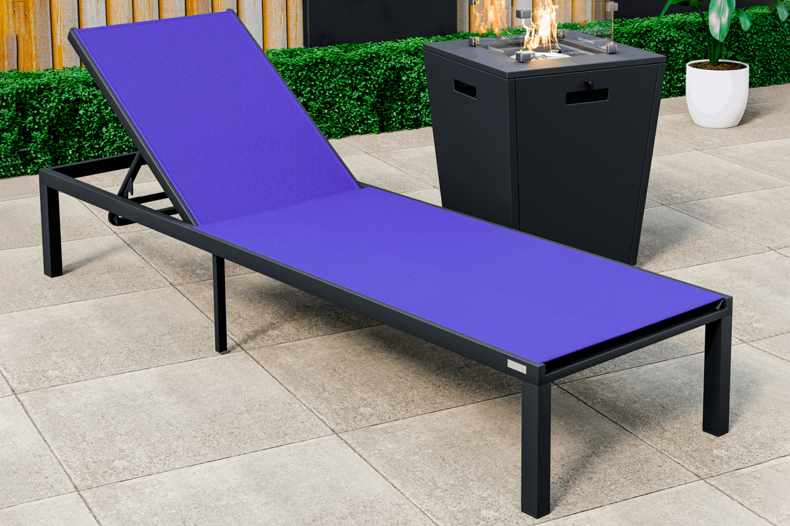 LeisureMod Marlin Modern Black Aluminum Outdoor Patio Chaise Lounge Chair with Square Fire Pit Side Table - Navy Blue