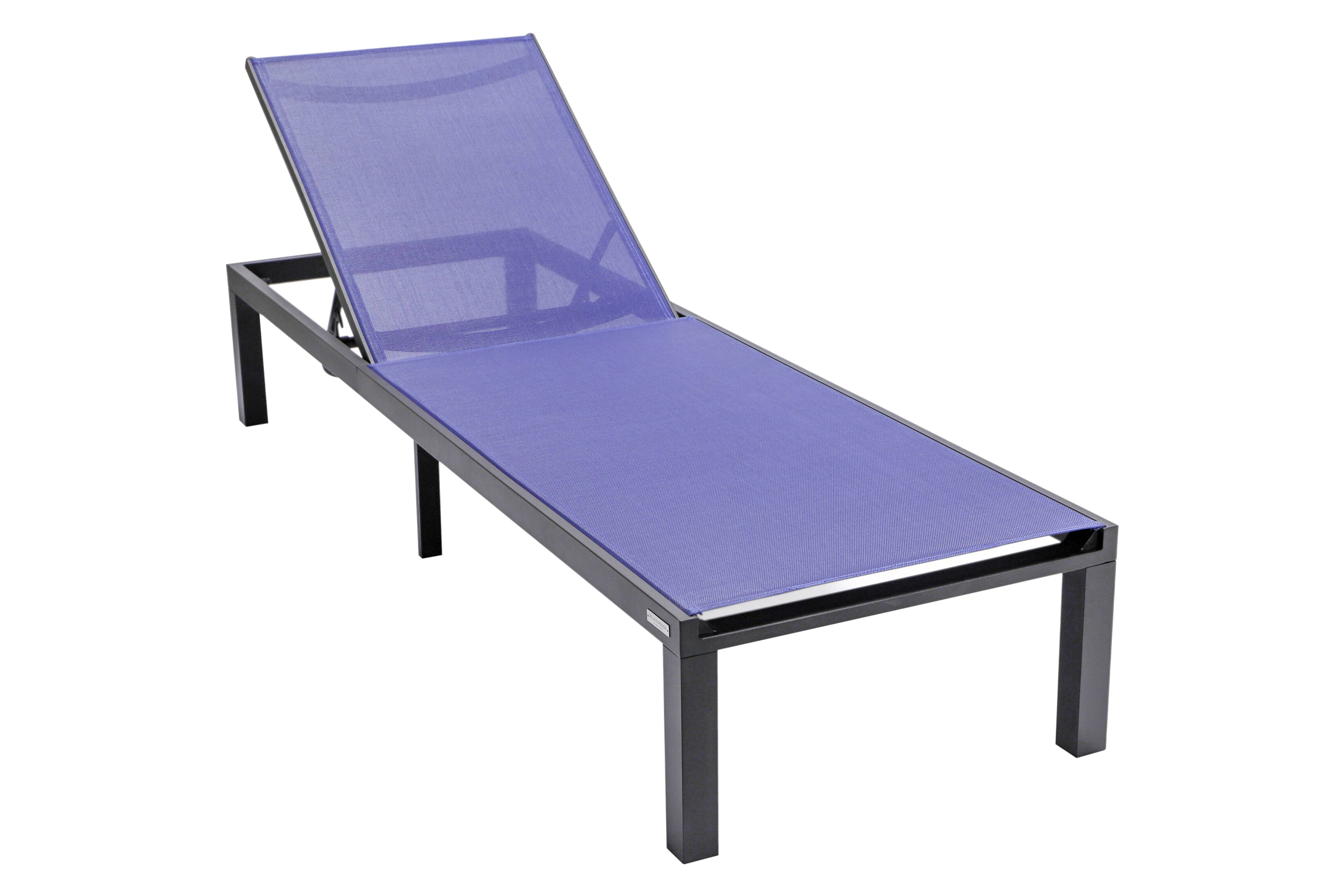 LeisureMod Marlin Modern Black Aluminum Outdoor Patio Chaise Lounge Chair with Square Fire Pit Side Table - Navy Blue