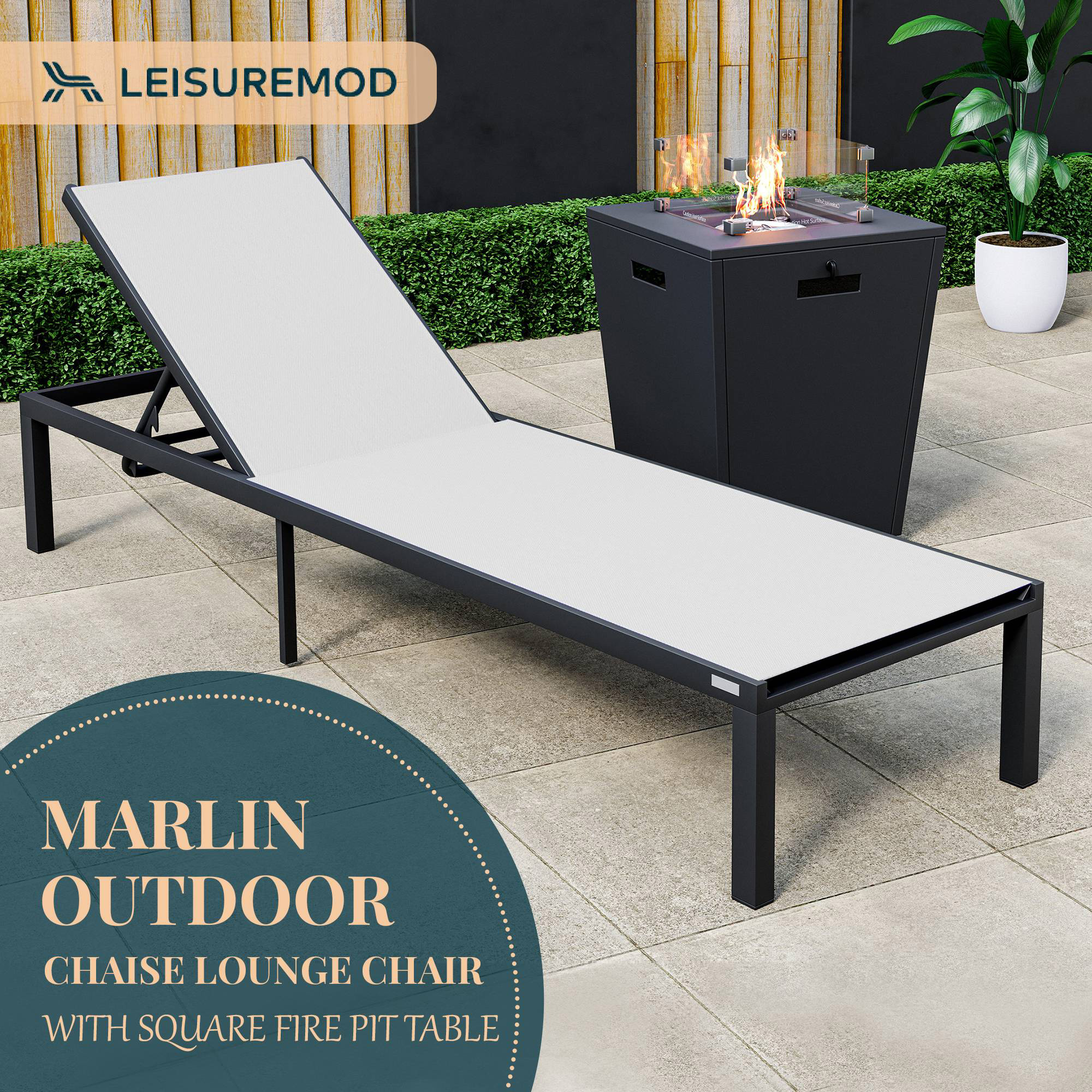 LeisureMod Marlin Modern Black Aluminum Outdoor Patio Chaise Lounge Chair with Square Fire Pit Side Table - White