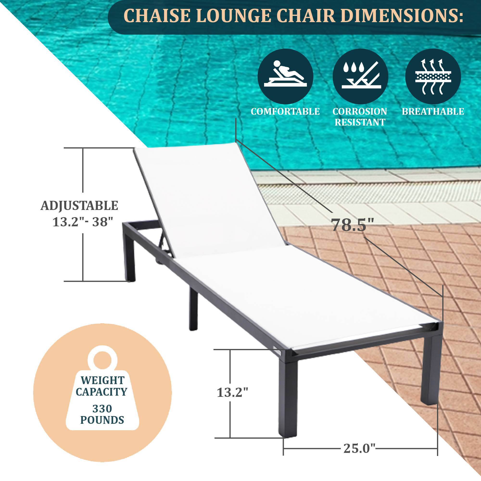 LeisureMod Marlin Modern Black Aluminum Outdoor Patio Chaise Lounge Chair with Square Fire Pit Side Table - White