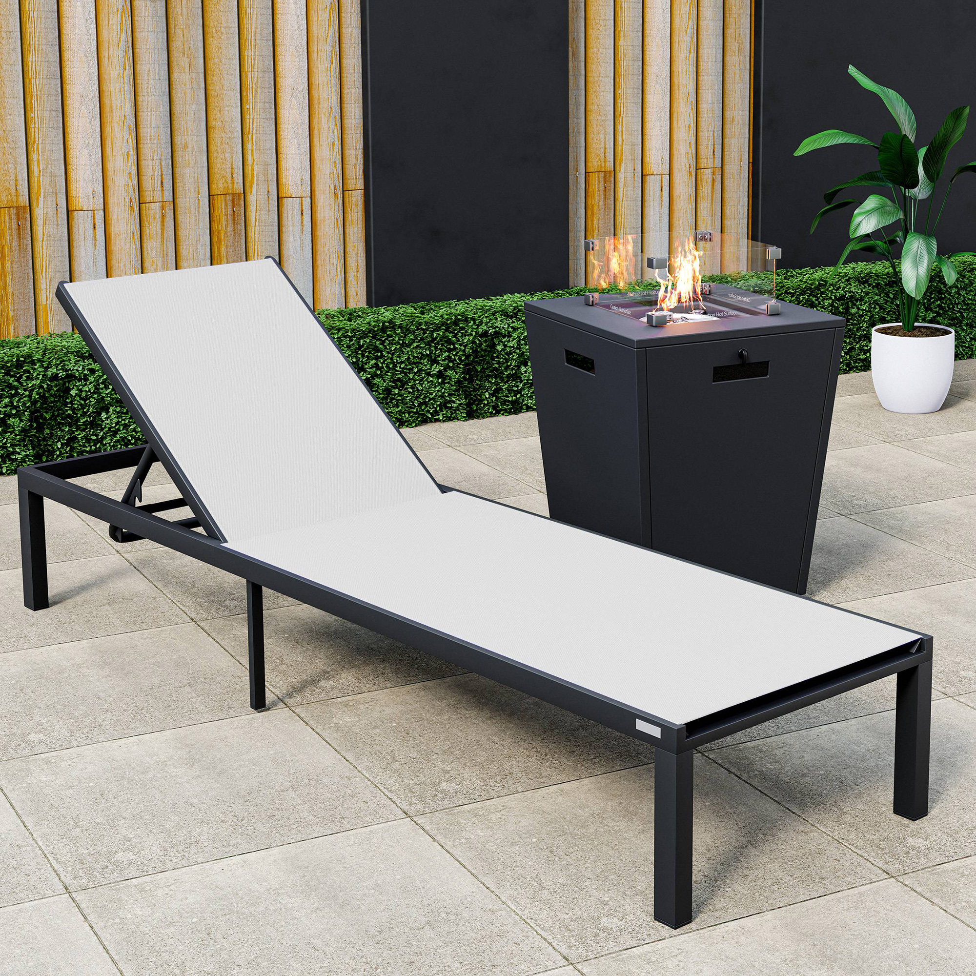 LeisureMod Marlin Modern Black Aluminum Outdoor Patio Chaise Lounge Chair with Square Fire Pit Side Table - White