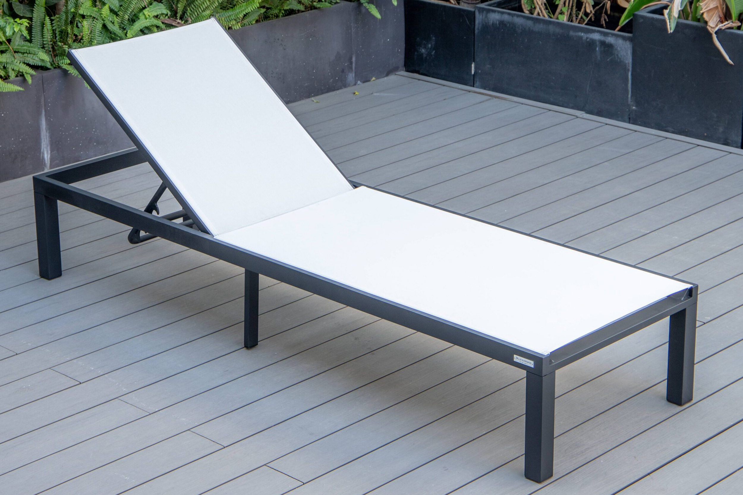 LeisureMod Marlin Modern Black Aluminum Outdoor Patio Chaise Lounge Chair with Square Fire Pit Side Table - White