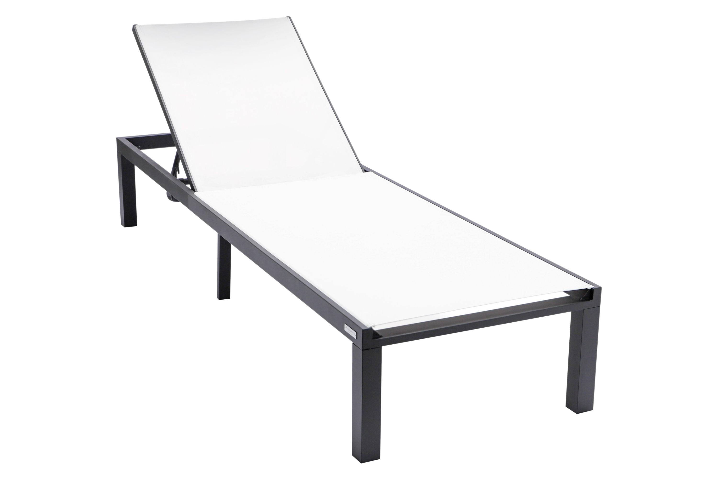 LeisureMod Marlin Modern Black Aluminum Outdoor Patio Chaise Lounge Chair with Square Fire Pit Side Table - White