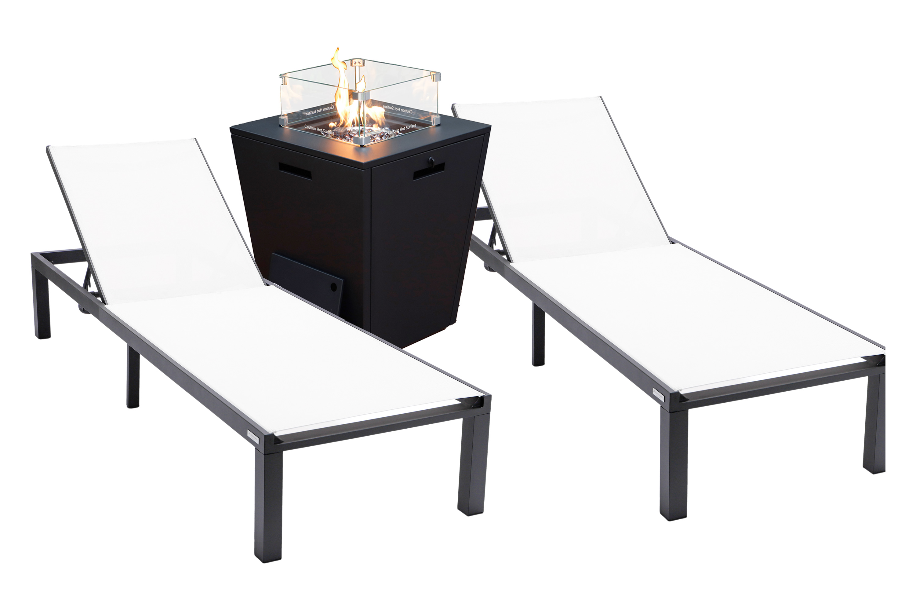 LeisureMod Marlin Modern Black Aluminum Outdoor Chaise Lounge Chair With Square Fire Pit Side Table Set of 2