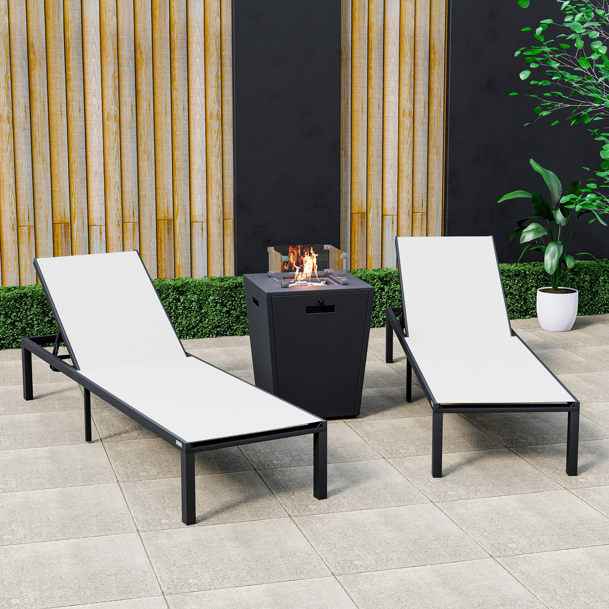 LeisureMod Marlin Modern Black Aluminum Outdoor Chaise Lounge Chair With Square Fire Pit Side Table Set of 2 - White