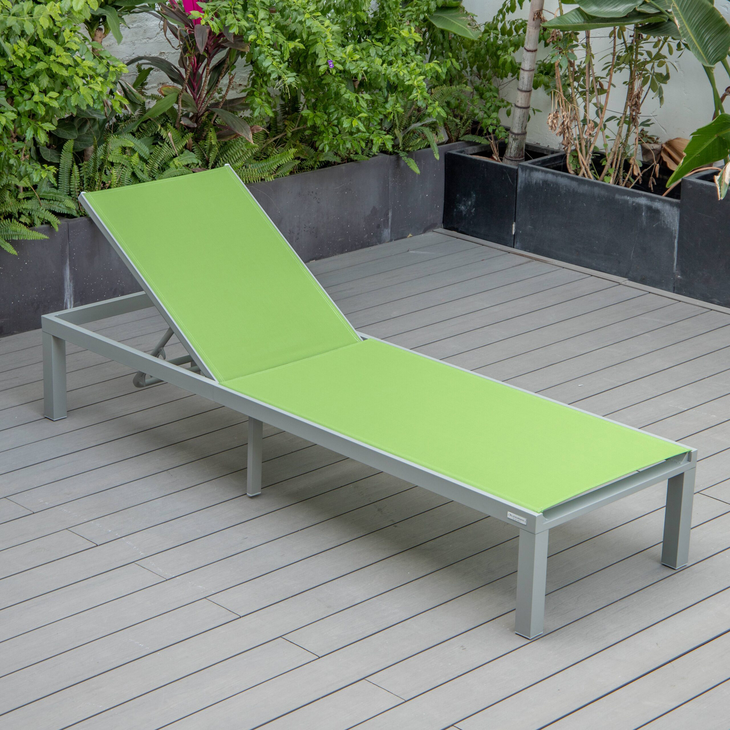 LeisureMod Marlin Patio Chaise Lounge Chair With Gray Aluminum Frame - Green