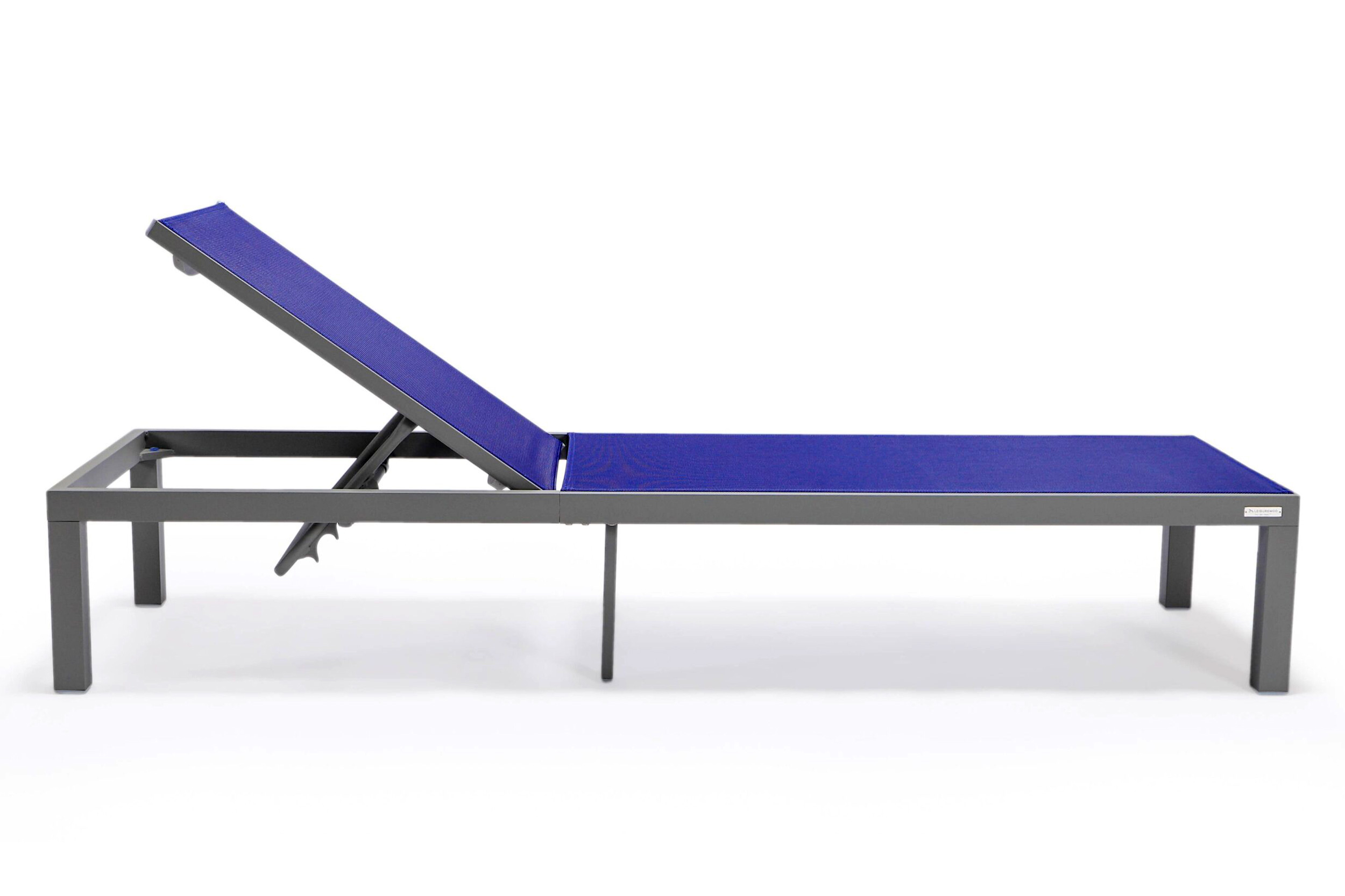 LeisureMod Marlin Patio Chaise Lounge Chair With Gray Aluminum Frame - Navy Blue