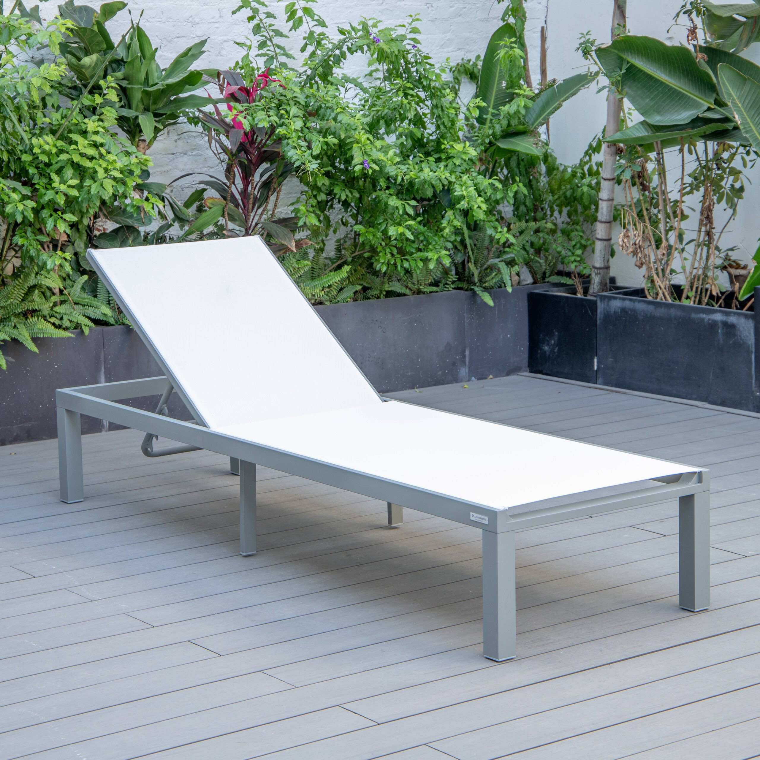 LeisureMod Marlin Patio Chaise Lounge Chair With Gray Aluminum Frame - White