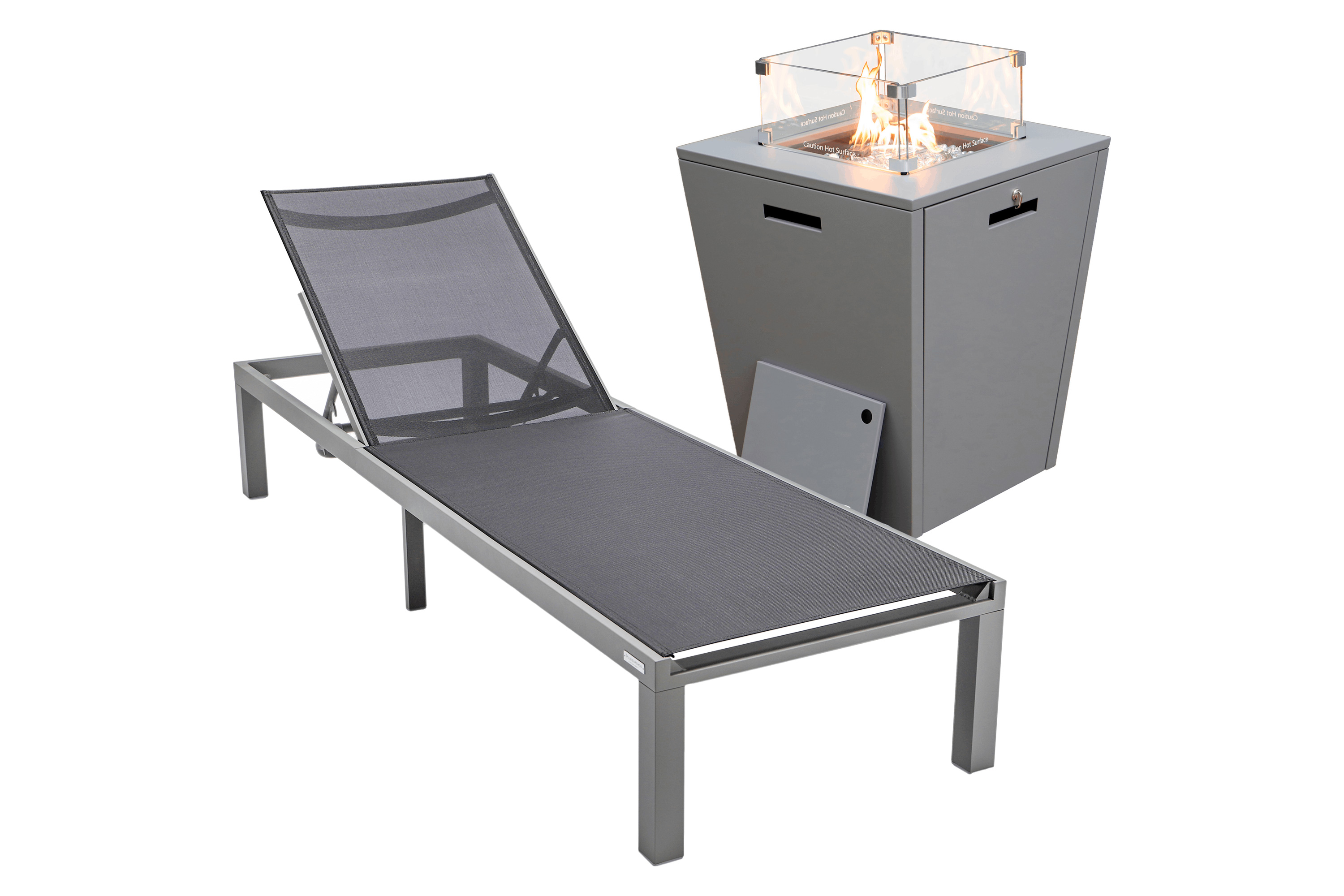 LeisureMod Marlin Modern Black Aluminum Outdoor Patio Chaise Lounge Chair with Square Fire Pit Side Table