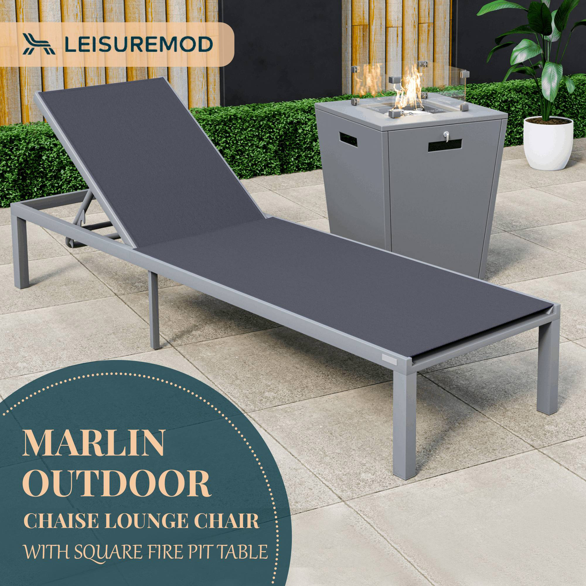 LeisureMod Marlin Modern Gray Aluminum Outdoor Patio Chaise Lounge Chair with Square Fire Pit Side Table - Black