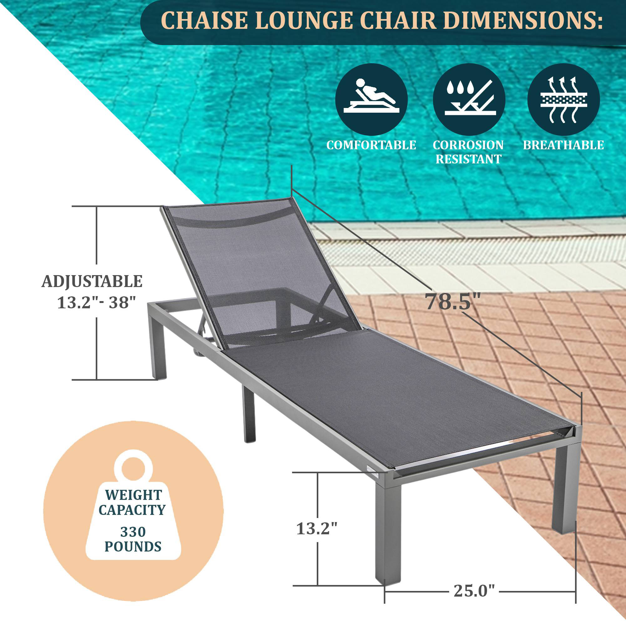 LeisureMod Marlin Modern Gray Aluminum Outdoor Patio Chaise Lounge Chair with Square Fire Pit Side Table - Black