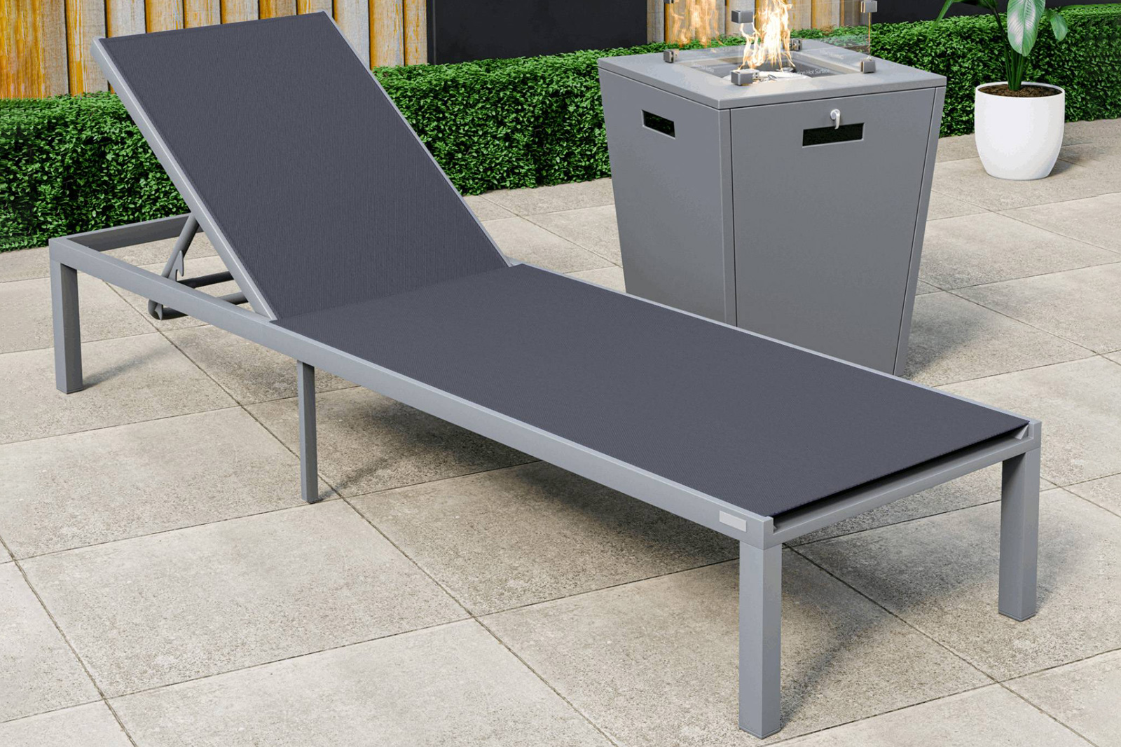 LeisureMod Marlin Modern Gray Aluminum Outdoor Patio Chaise Lounge Chair with Square Fire Pit Side Table - Black