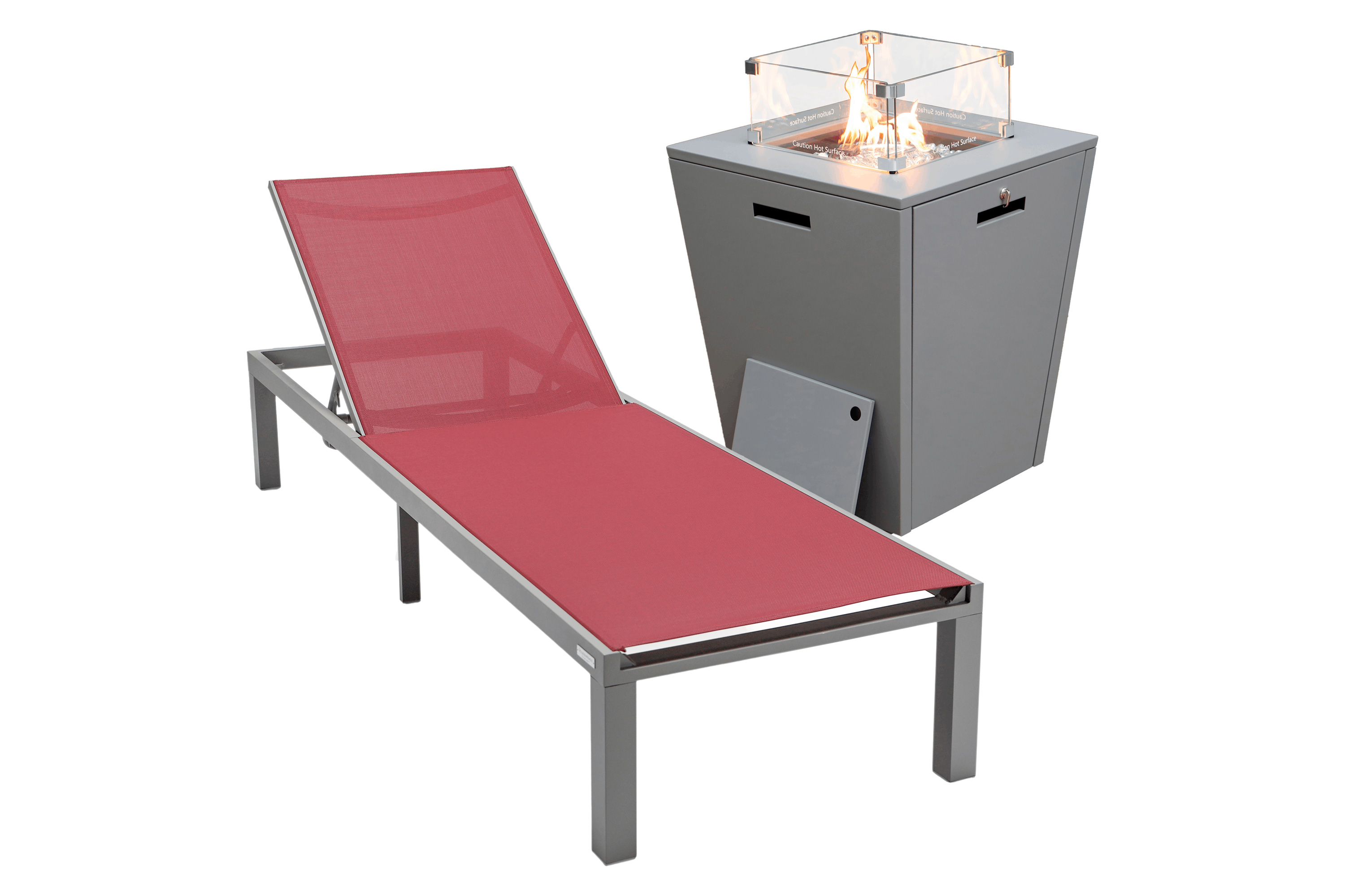 LeisureMod Marlin Modern Black Aluminum Outdoor Patio Chaise Lounge Chair with Square Fire Pit Side Table