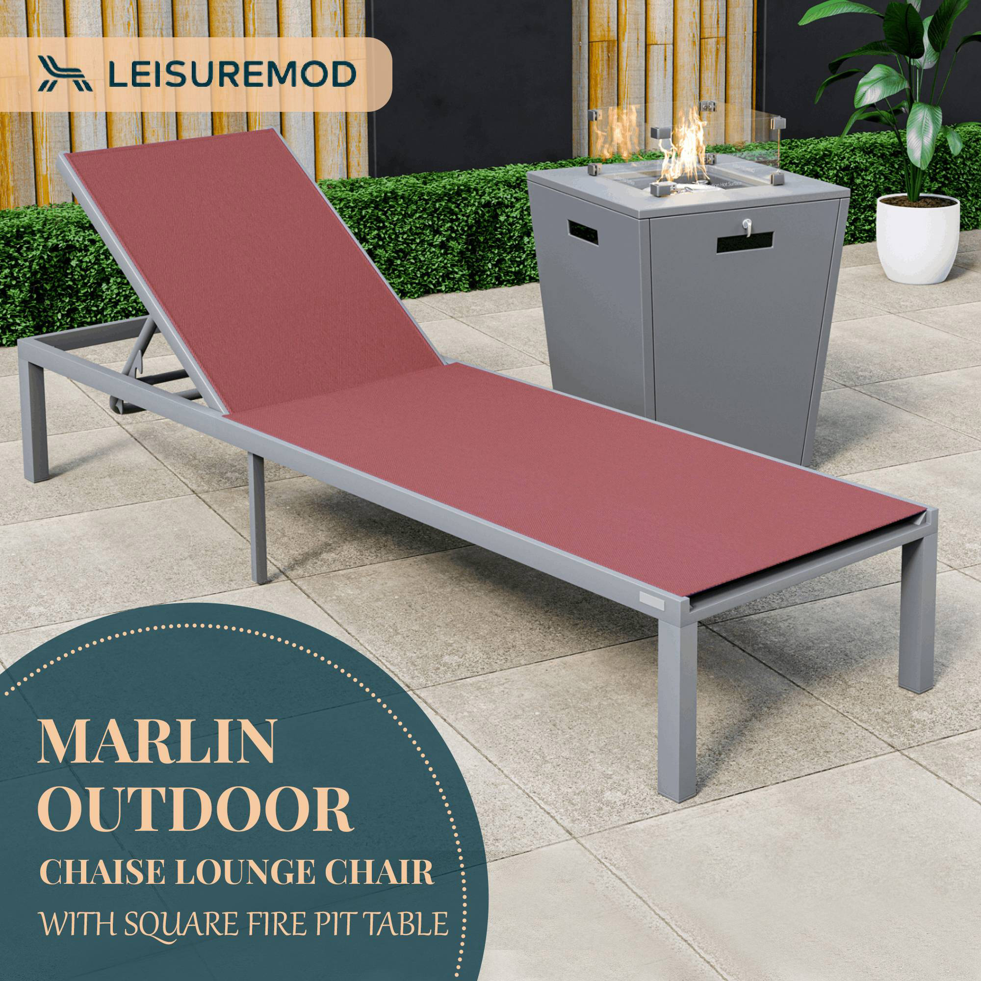 LeisureMod Marlin Modern Gray Aluminum Outdoor Patio Chaise Lounge Chair with Square Fire Pit Side Table - Burgundy