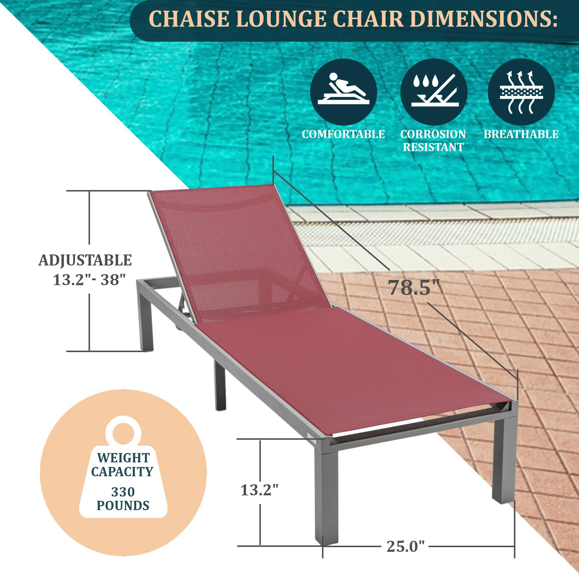 LeisureMod Marlin Modern Gray Aluminum Outdoor Patio Chaise Lounge Chair with Square Fire Pit Side Table - Burgundy