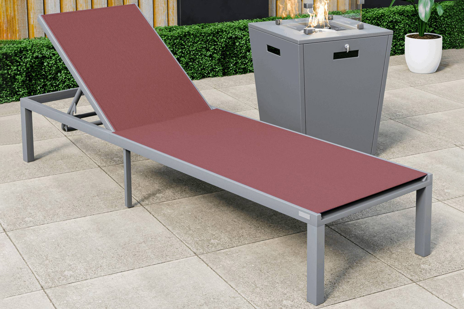 LeisureMod Marlin Modern Gray Aluminum Outdoor Patio Chaise Lounge Chair with Square Fire Pit Side Table - Burgundy