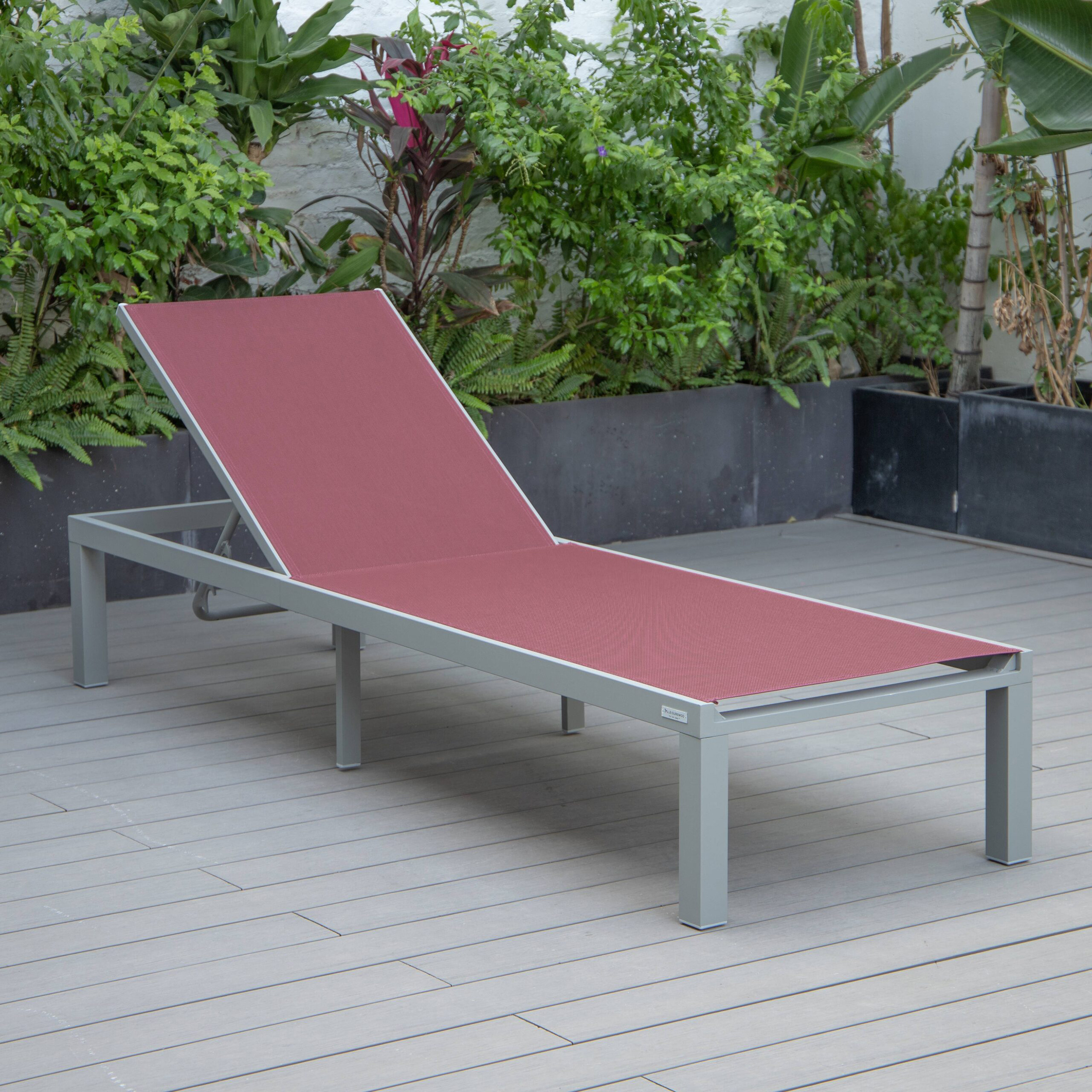 LeisureMod Marlin Modern Gray Aluminum Outdoor Patio Chaise Lounge Chair with Square Fire Pit Side Table - Burgundy