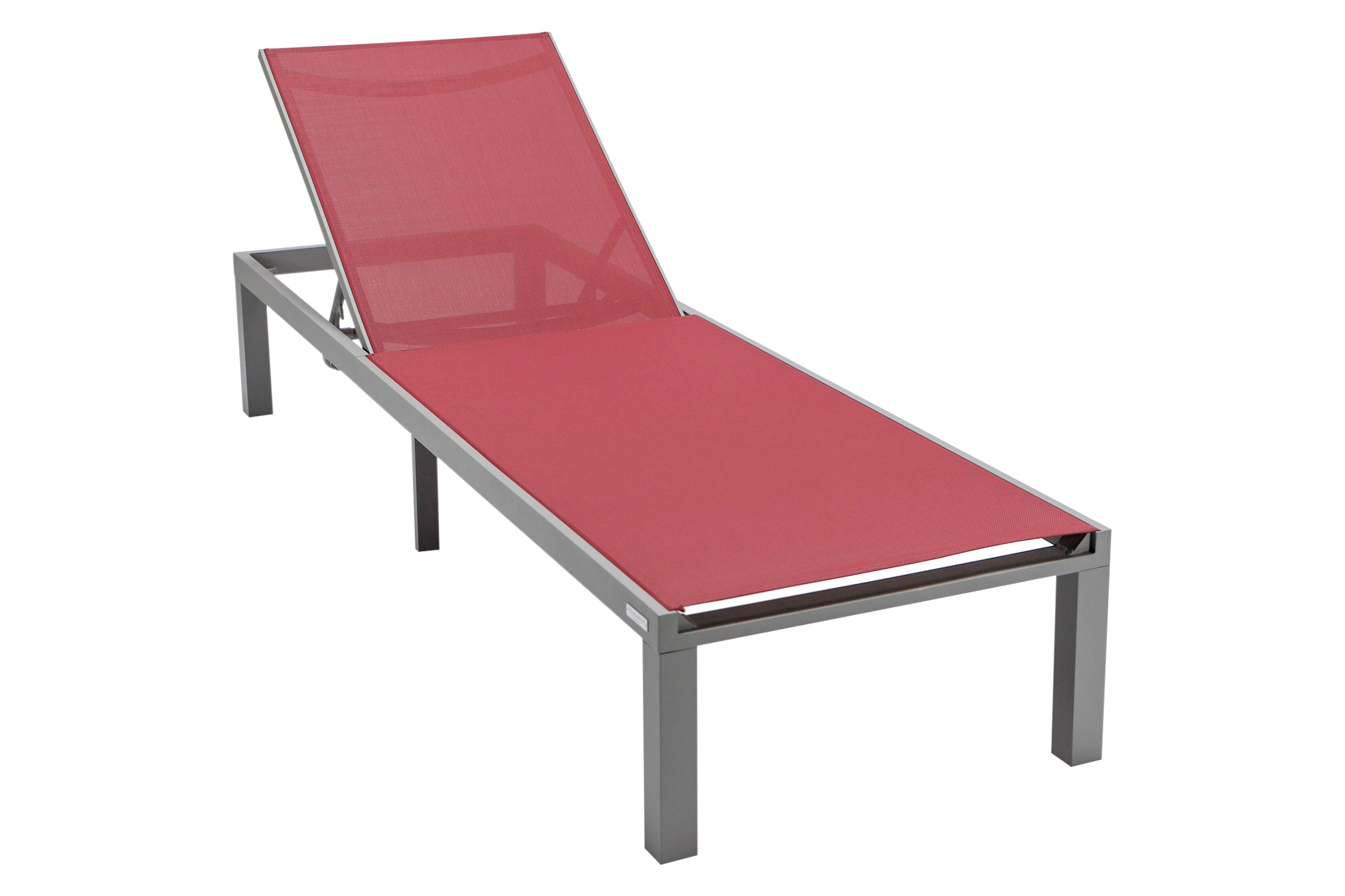 LeisureMod Marlin Modern Gray Aluminum Outdoor Patio Chaise Lounge Chair with Square Fire Pit Side Table - Burgundy