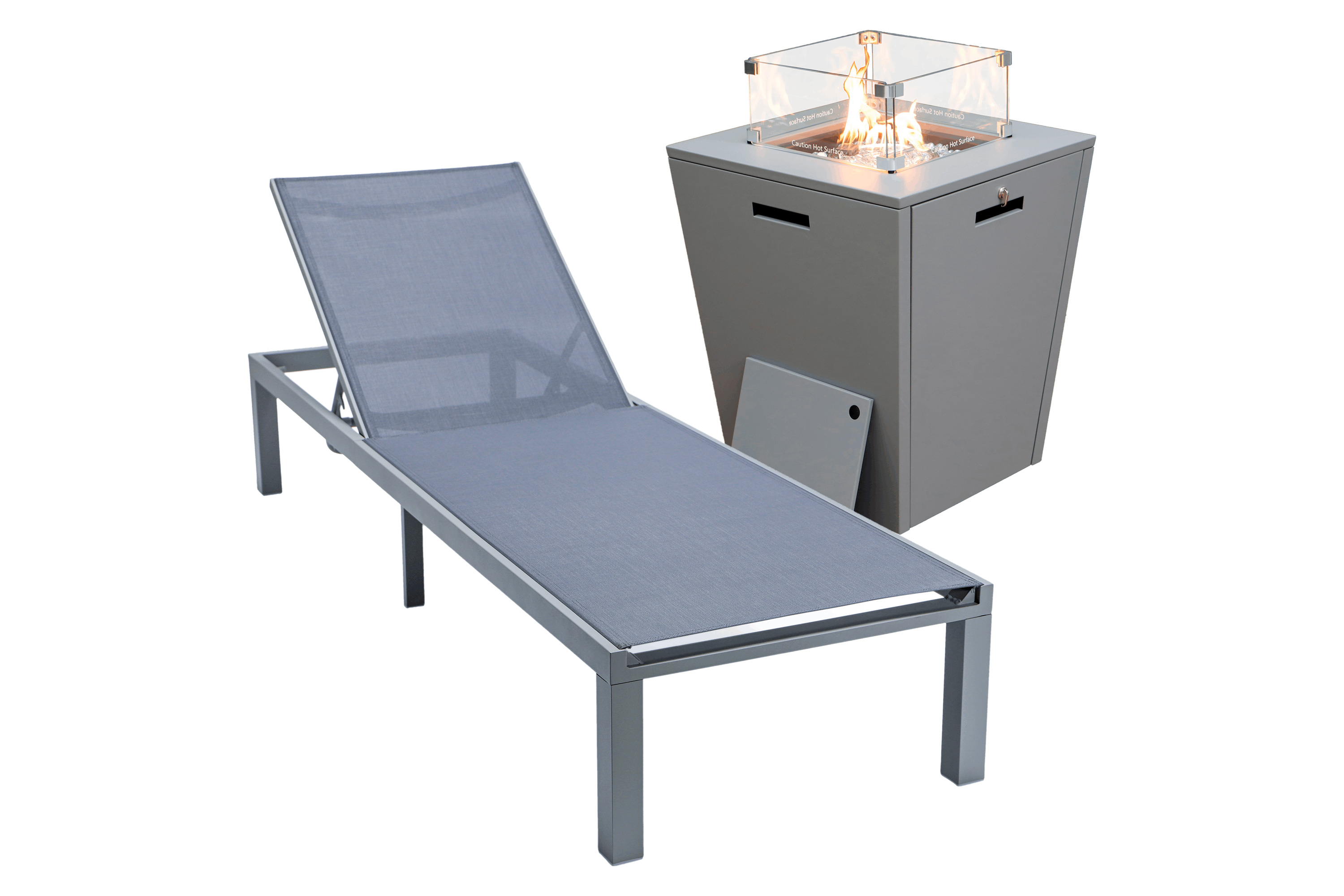 LeisureMod Marlin Modern Black Aluminum Outdoor Patio Chaise Lounge Chair with Square Fire Pit Side Table