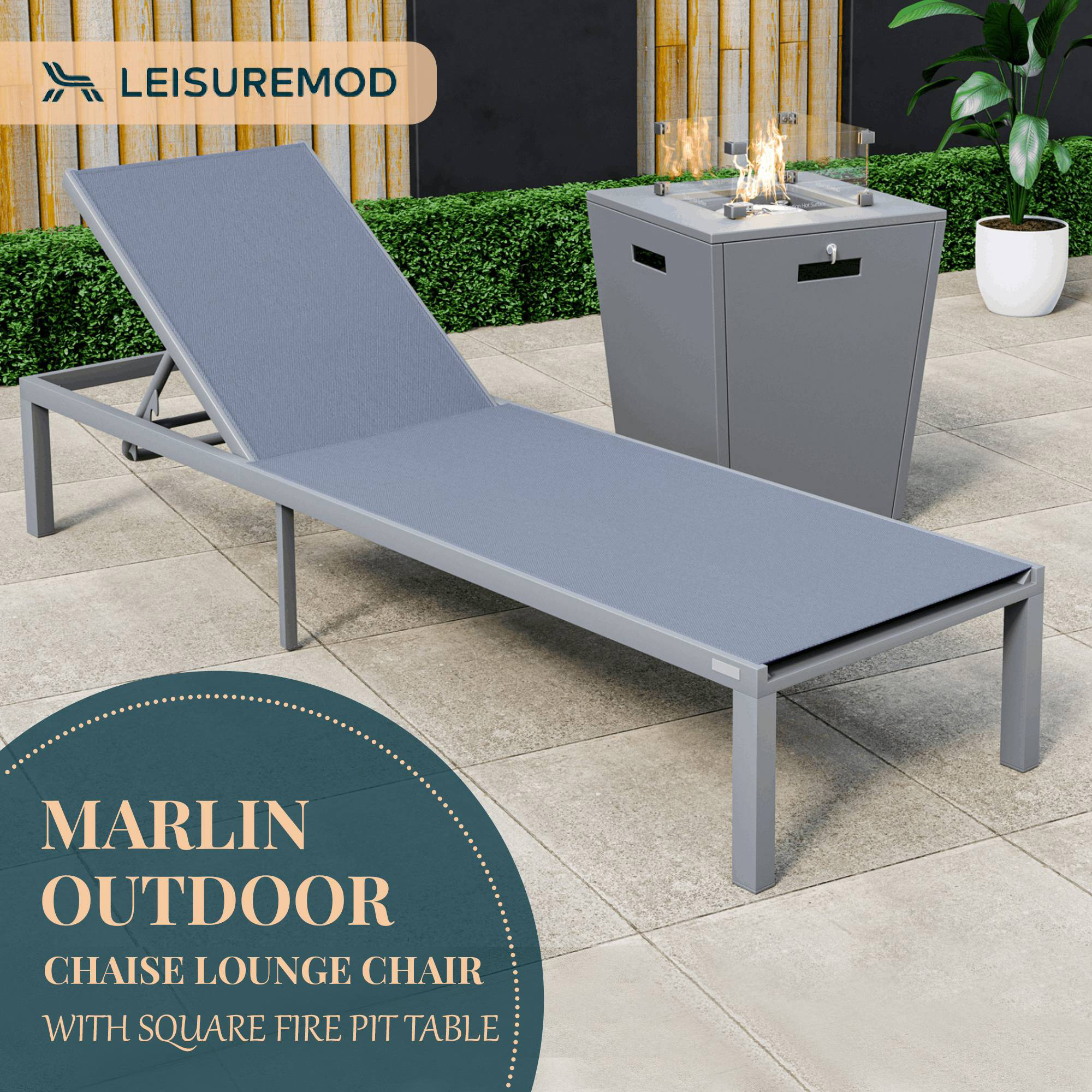 LeisureMod Marlin Modern Gray Aluminum Outdoor Patio Chaise Lounge Chair with Square Fire Pit Side Table - Dark Gray