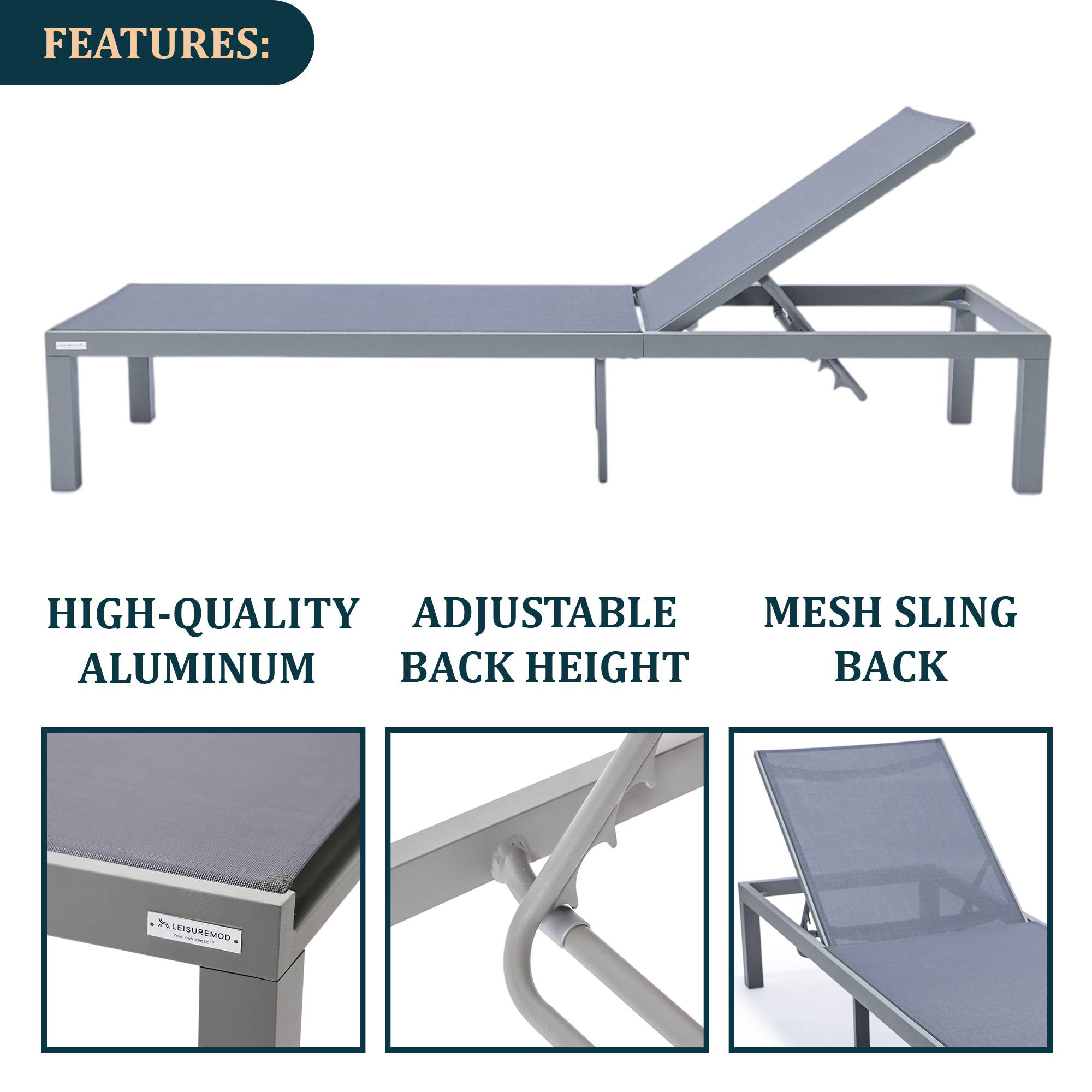 LeisureMod Marlin Modern Gray Aluminum Outdoor Patio Chaise Lounge Chair with Square Fire Pit Side Table - Dark Gray