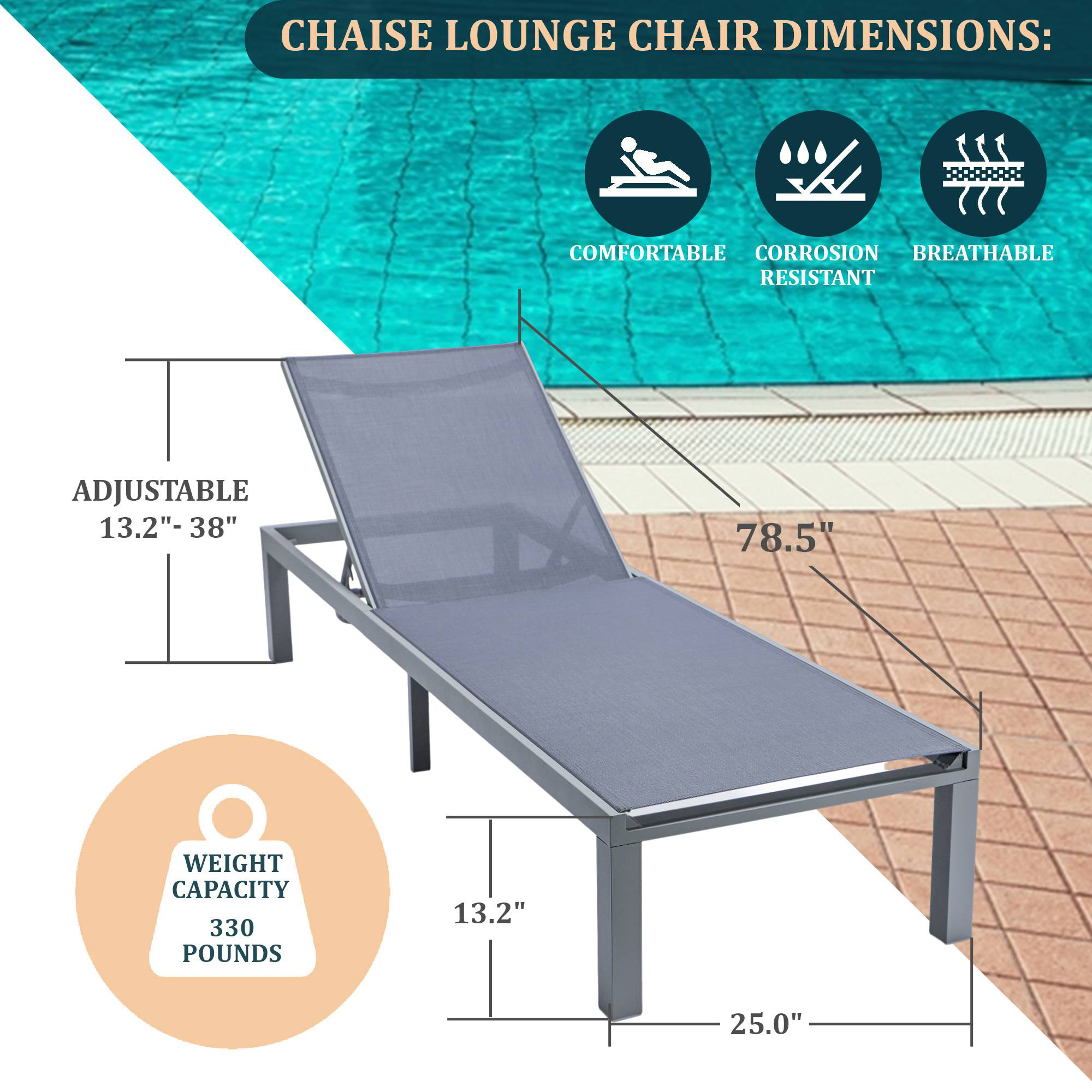 LeisureMod Marlin Modern Gray Aluminum Outdoor Patio Chaise Lounge Chair with Square Fire Pit Side Table - Dark Gray