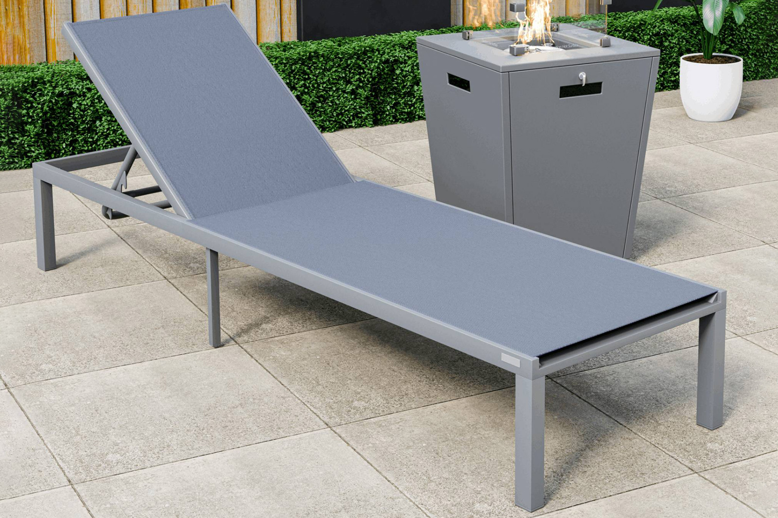 LeisureMod Marlin Modern Gray Aluminum Outdoor Patio Chaise Lounge Chair with Square Fire Pit Side Table - Dark Gray