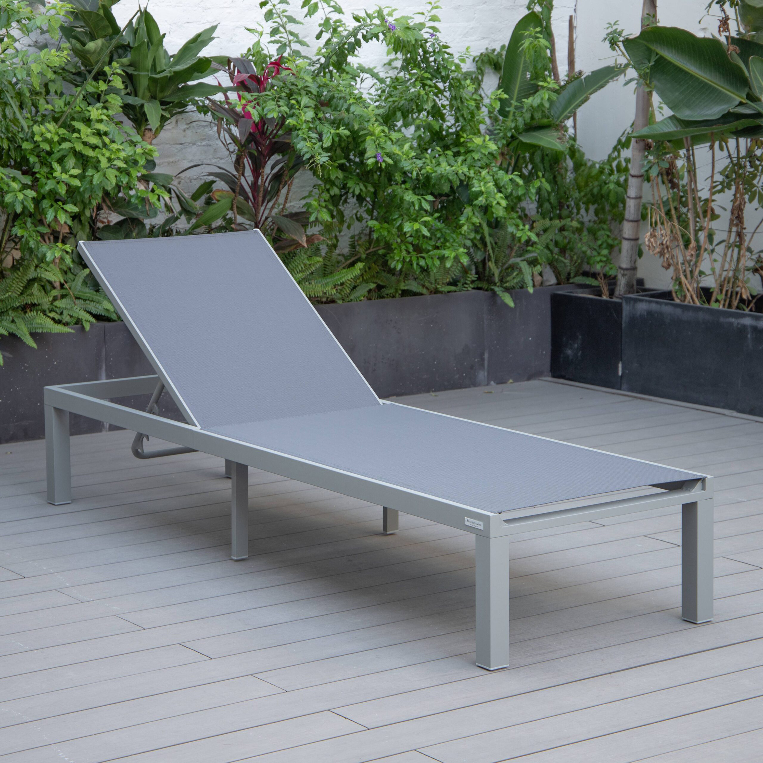 LeisureMod Marlin Modern Gray Aluminum Outdoor Patio Chaise Lounge Chair with Square Fire Pit Side Table - Dark Gray