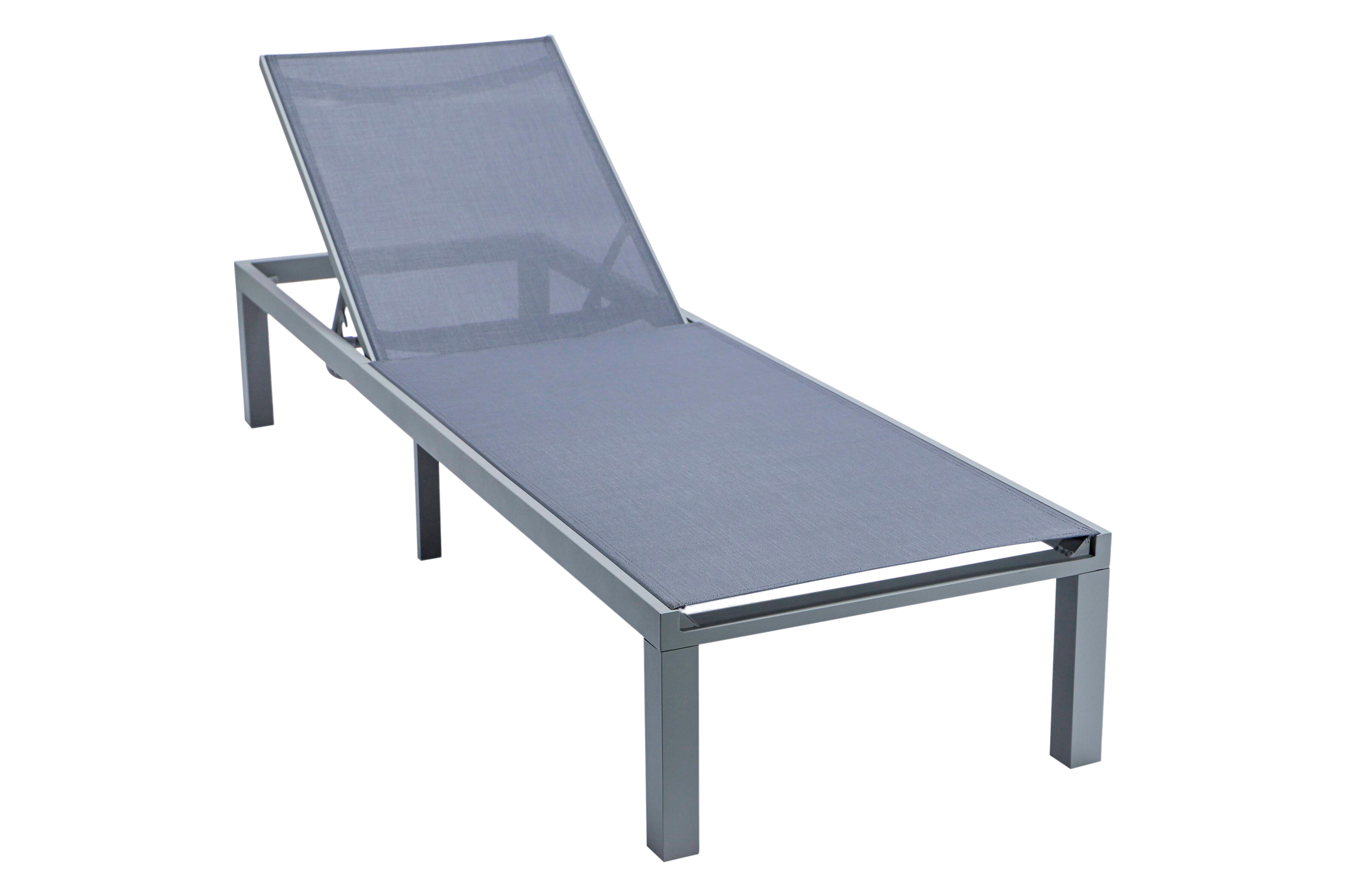 LeisureMod Marlin Modern Gray Aluminum Outdoor Patio Chaise Lounge Chair with Square Fire Pit Side Table - Dark Gray