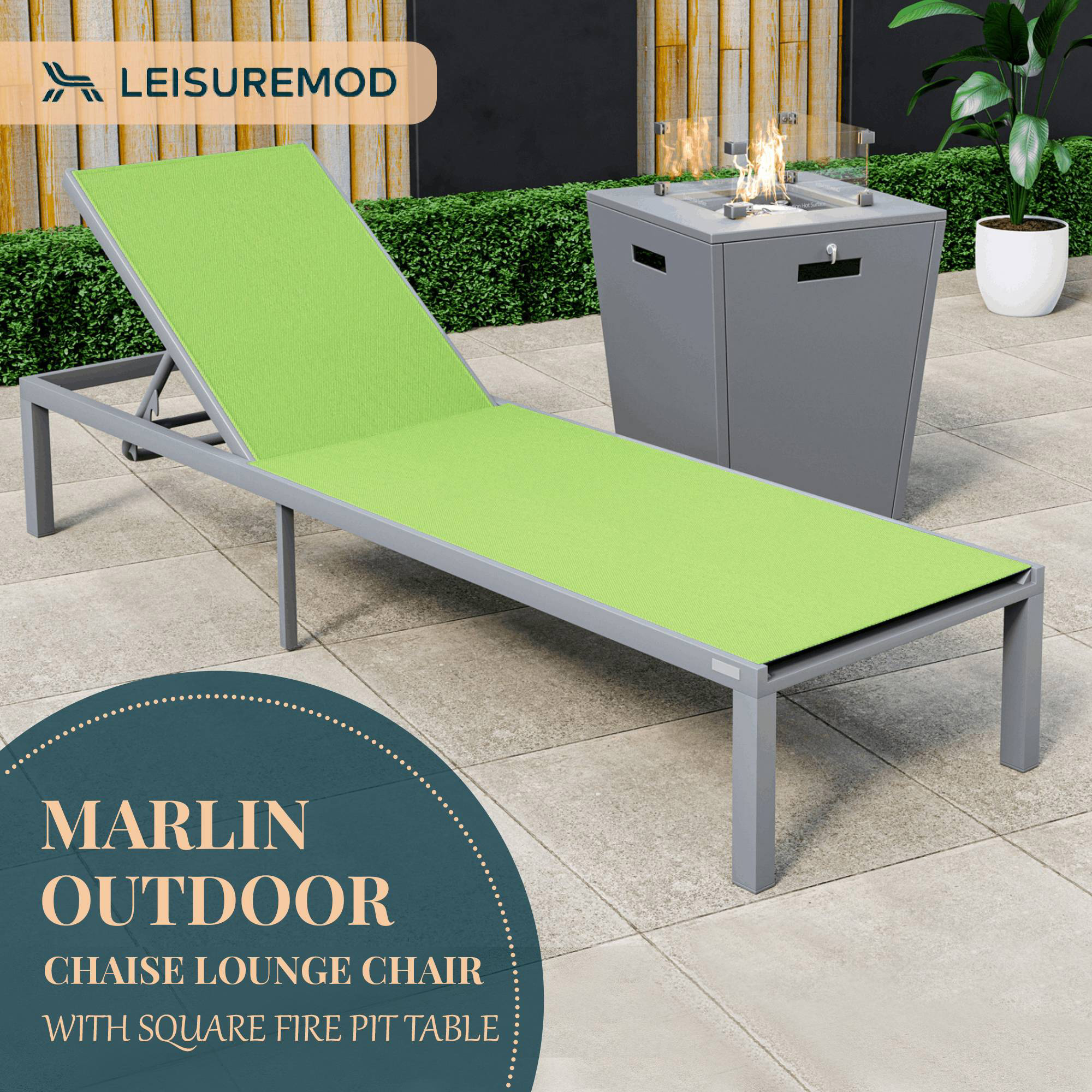 LeisureMod Marlin Modern Gray Aluminum Outdoor Patio Chaise Lounge Chair with Square Fire Pit Side Table - Green