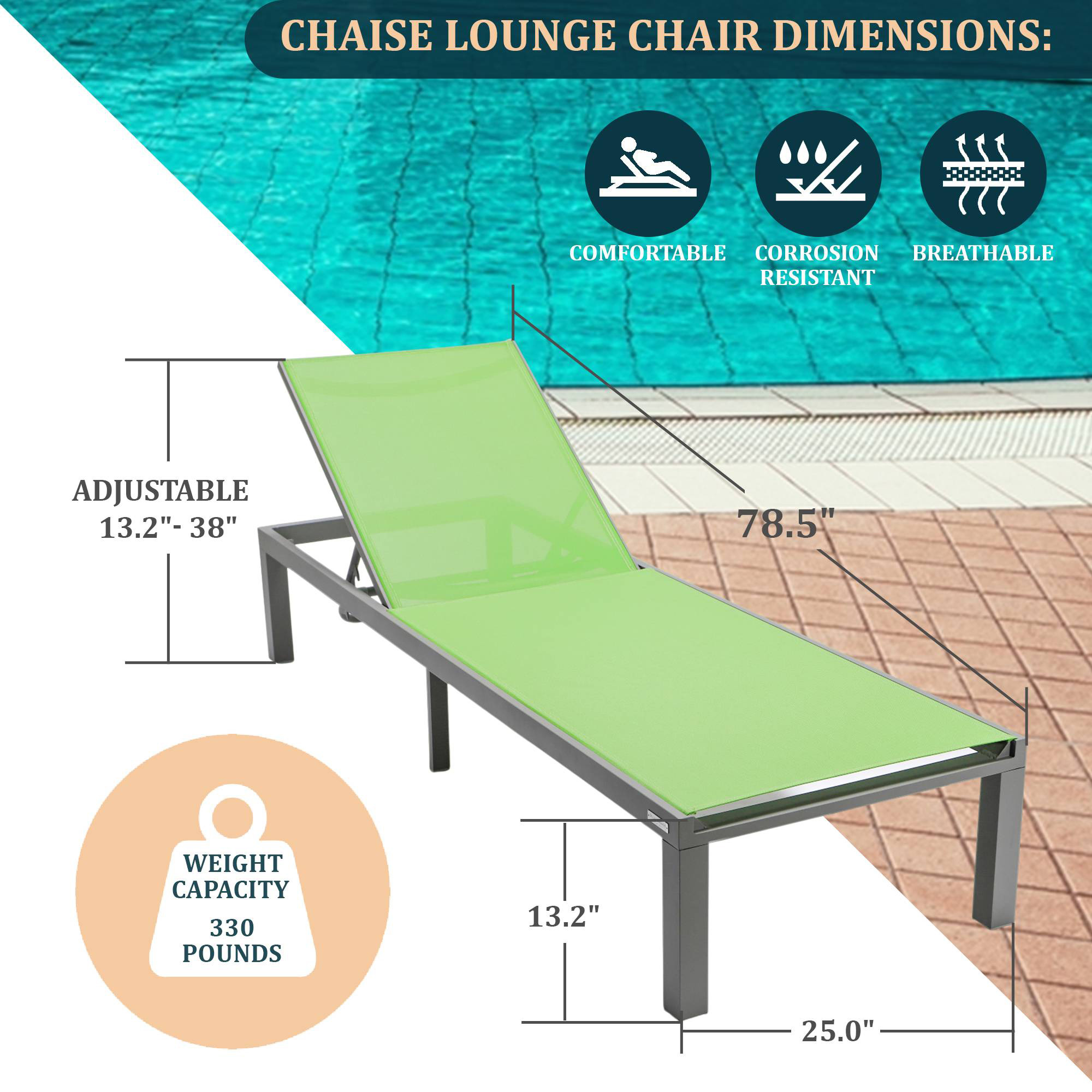 LeisureMod Marlin Modern Gray Aluminum Outdoor Patio Chaise Lounge Chair with Square Fire Pit Side Table - Green